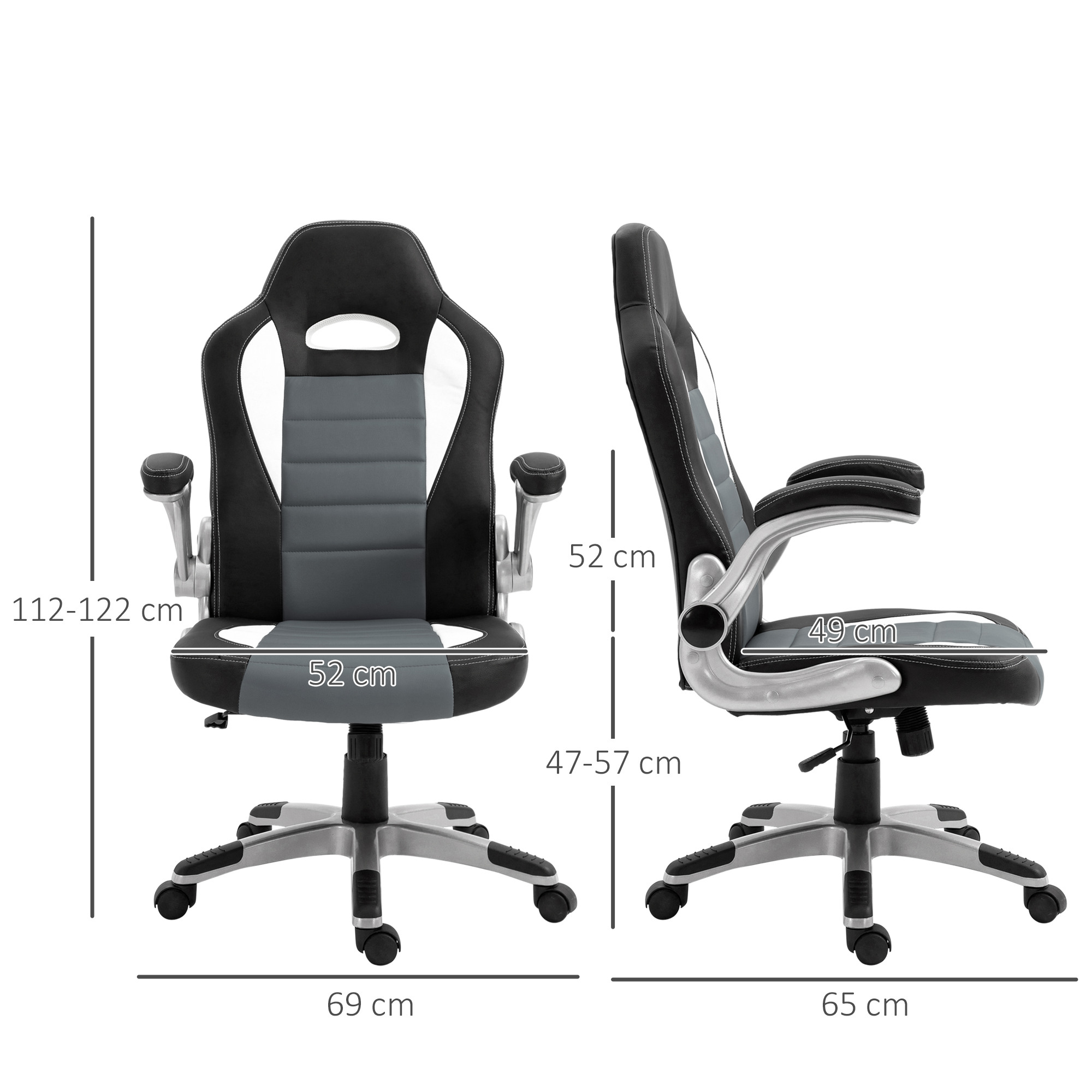 Una silla gaming con medidas. La silla es negra, gris y blanca, con dimensiones de altura y anchura.
