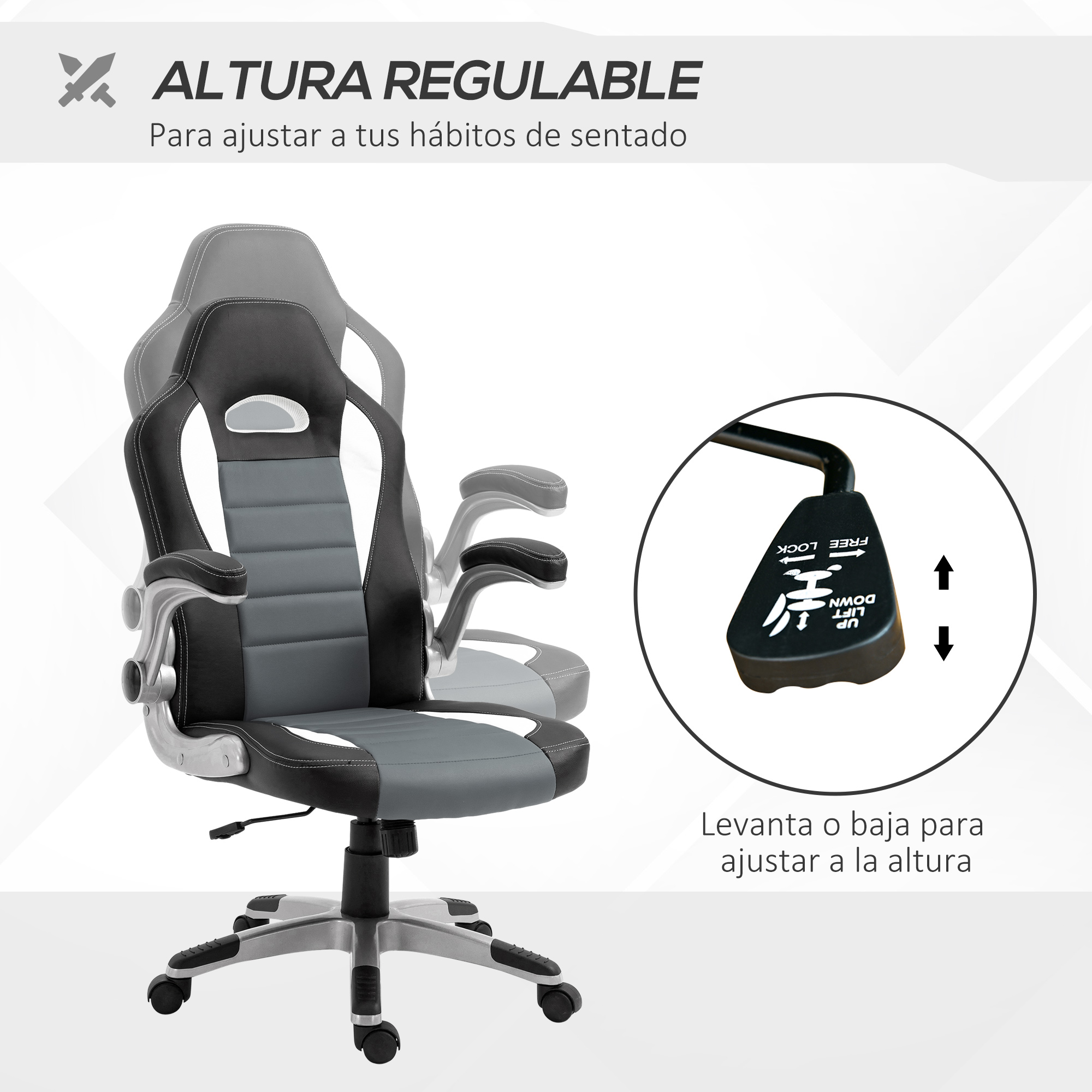 Silla gaming con altura ajustable. Gris, negro y plateado. Texto sobre ajuste altura.