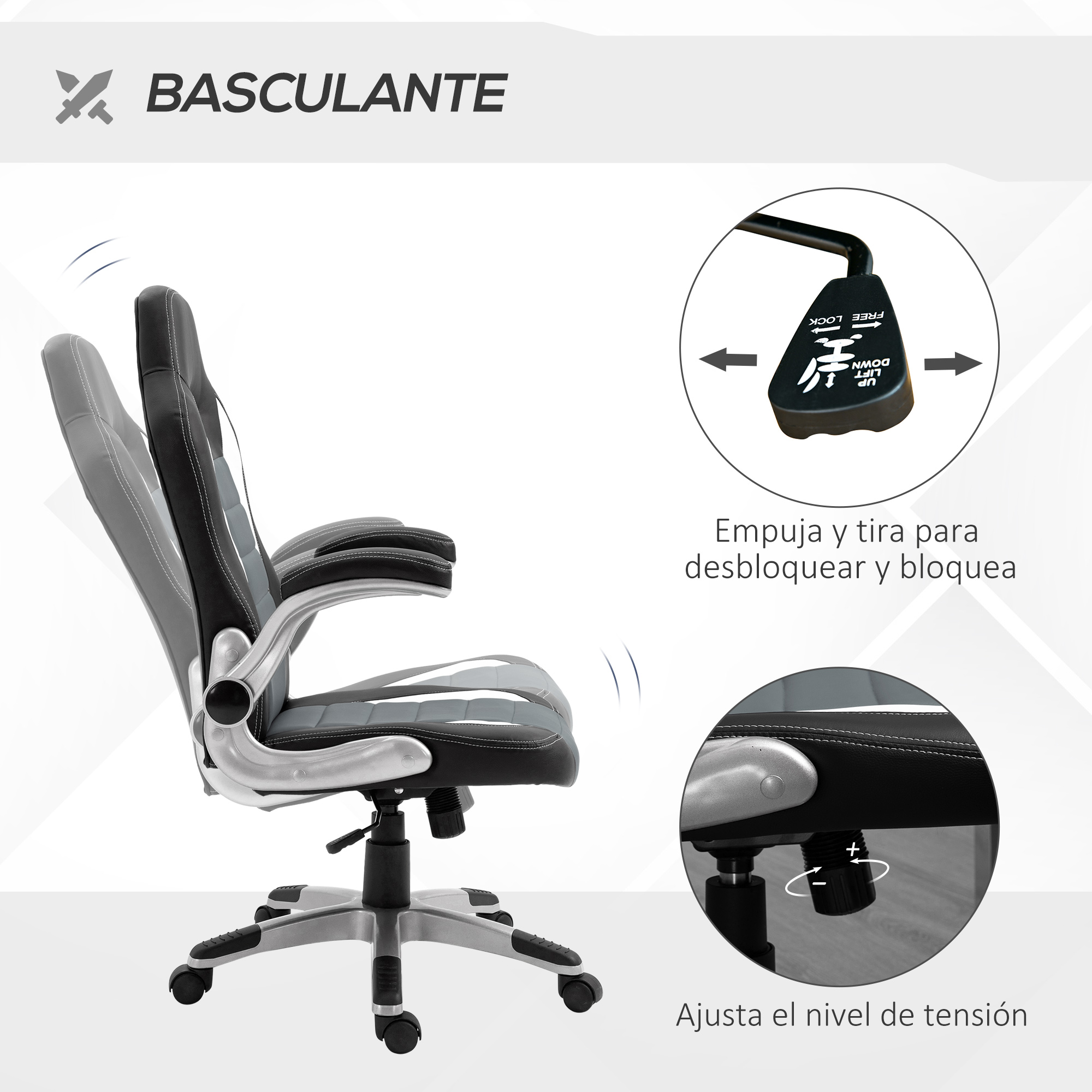 Silla gaming, negra y gris, con función basculante y detalles de ajuste de tensión.