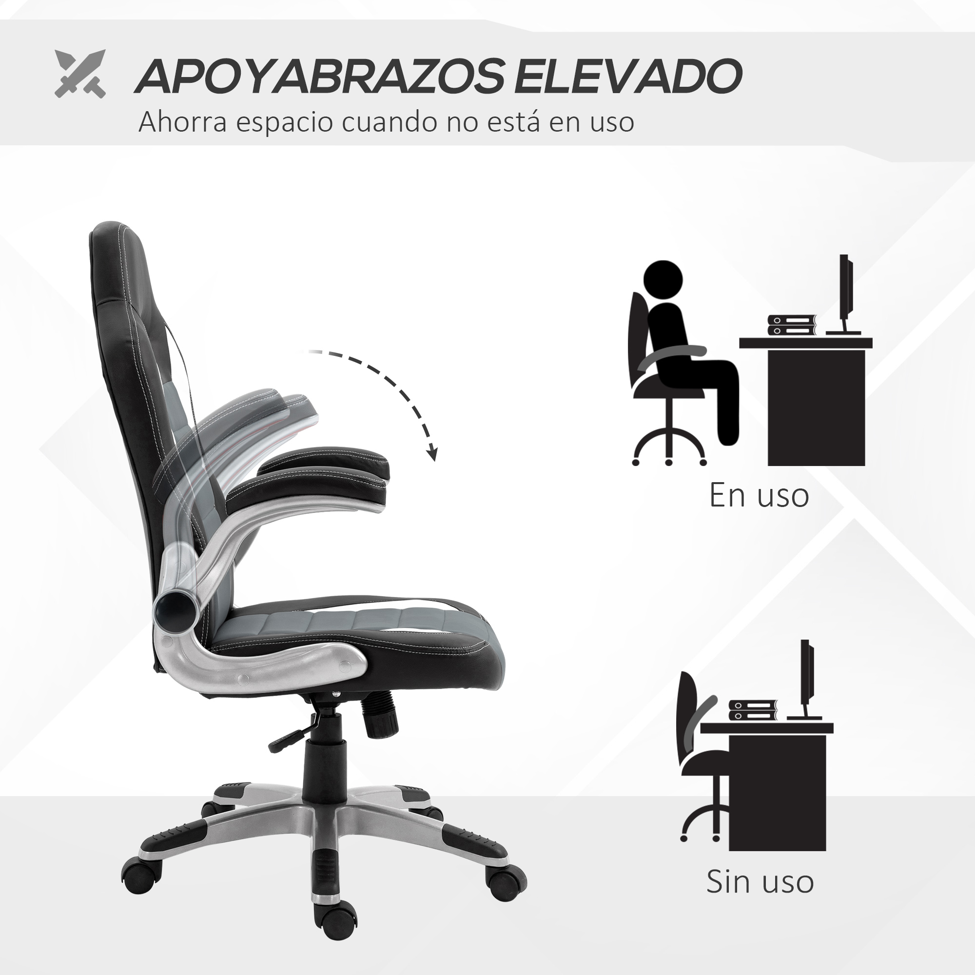 Silla ergonómica negra y gris con reposabrazos ajustables. Muestra los reposabrazos arriba y abajo. Dos figuras silueta.