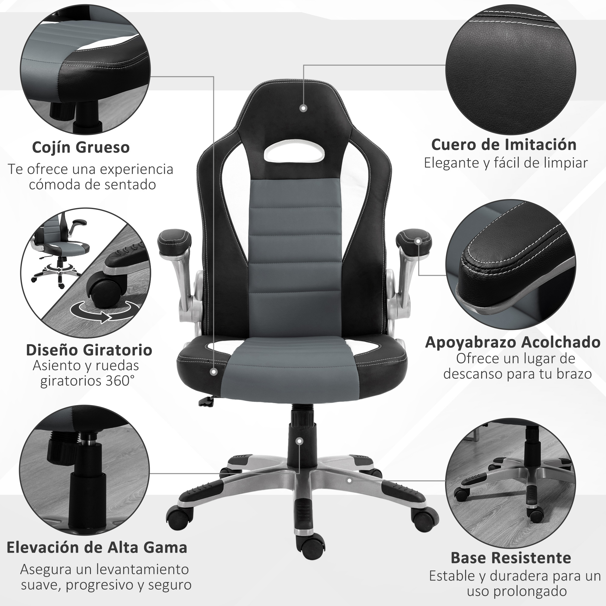 Silla gaming con esquema de color negro, gris y blanco. Incluye reposacabezas, reposabrazos y base robusta.