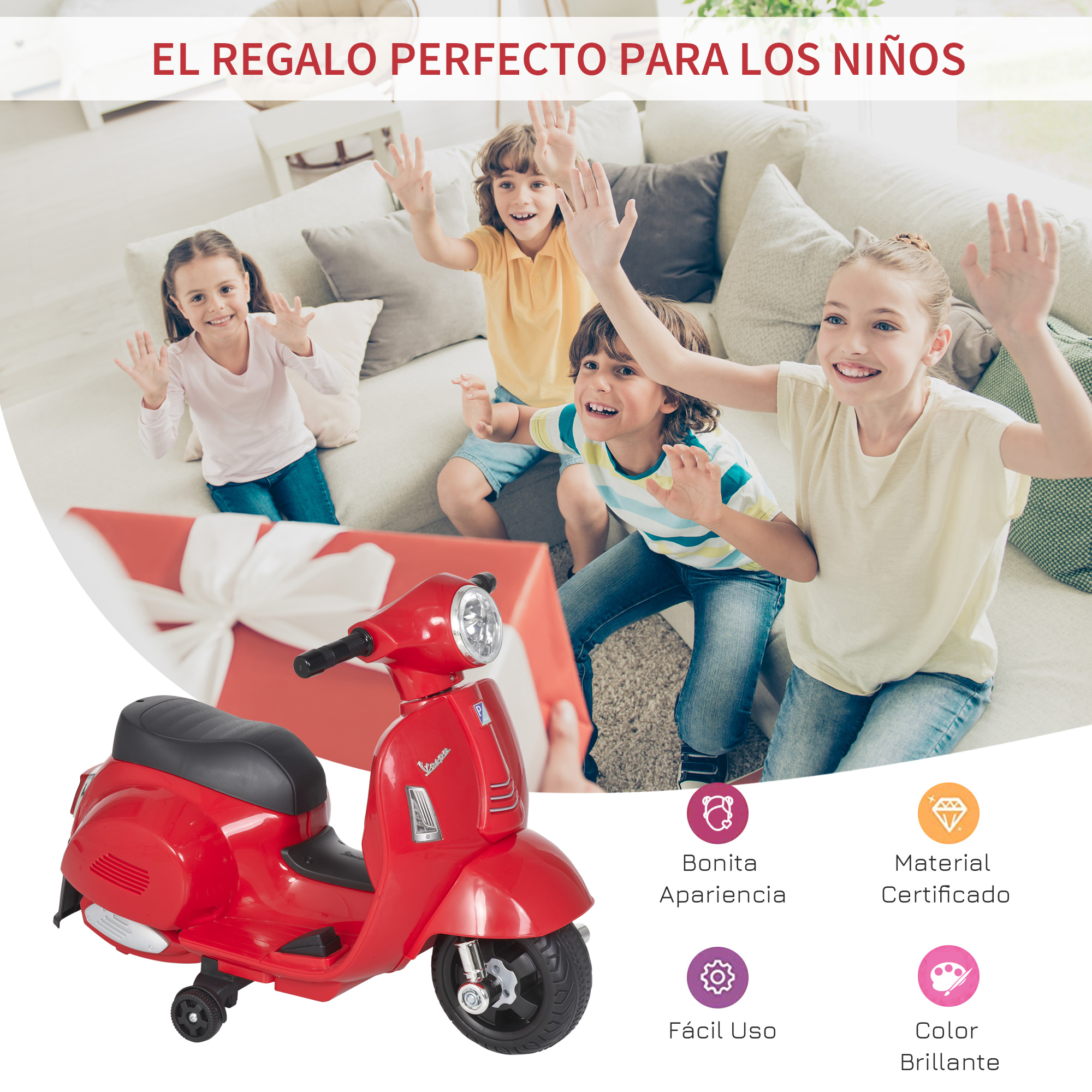 Patinete de juguete rojo con niños saludando al fondo, caja de regalo e iconos.