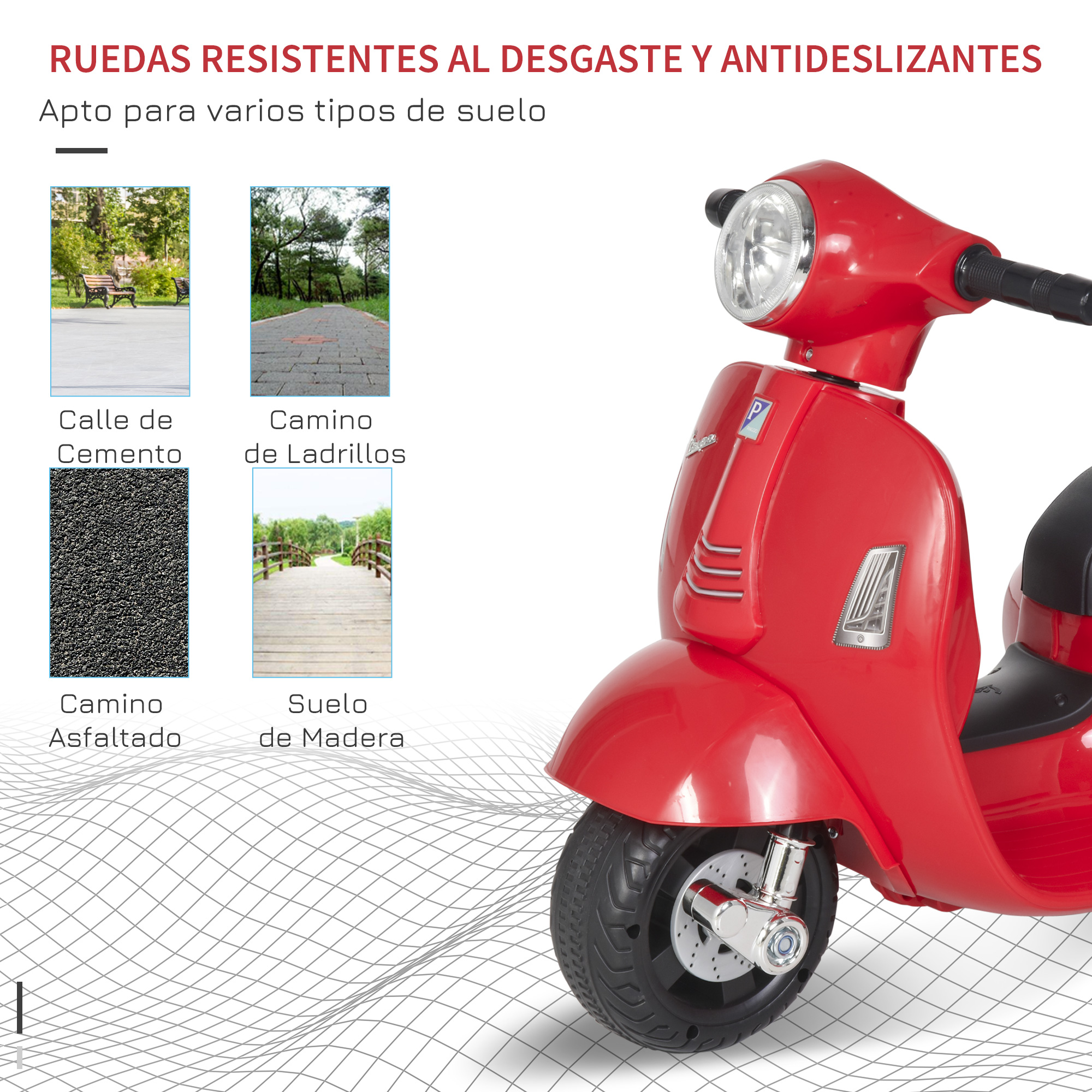 Rueda y neumático de scooter rojo sobre fondo blanco. Cuatro imágenes pequeñas muestran diferentes tipos de carreteras. Texto arriba.