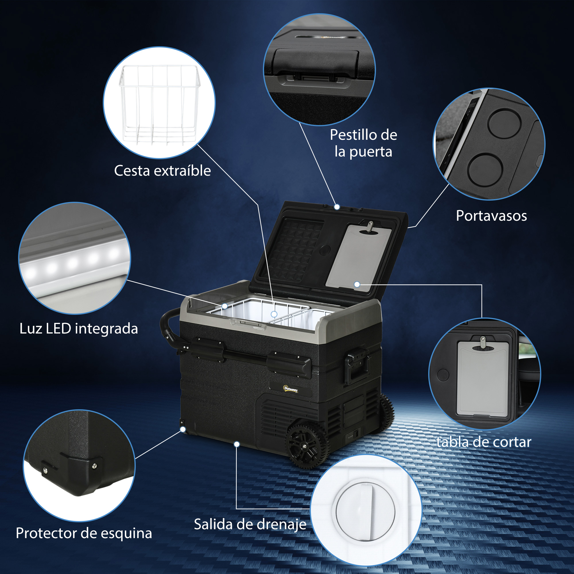 Enfriador negro y gris con tapa abierta, incluye cesta, luz LED, portavasos y drenaje.
