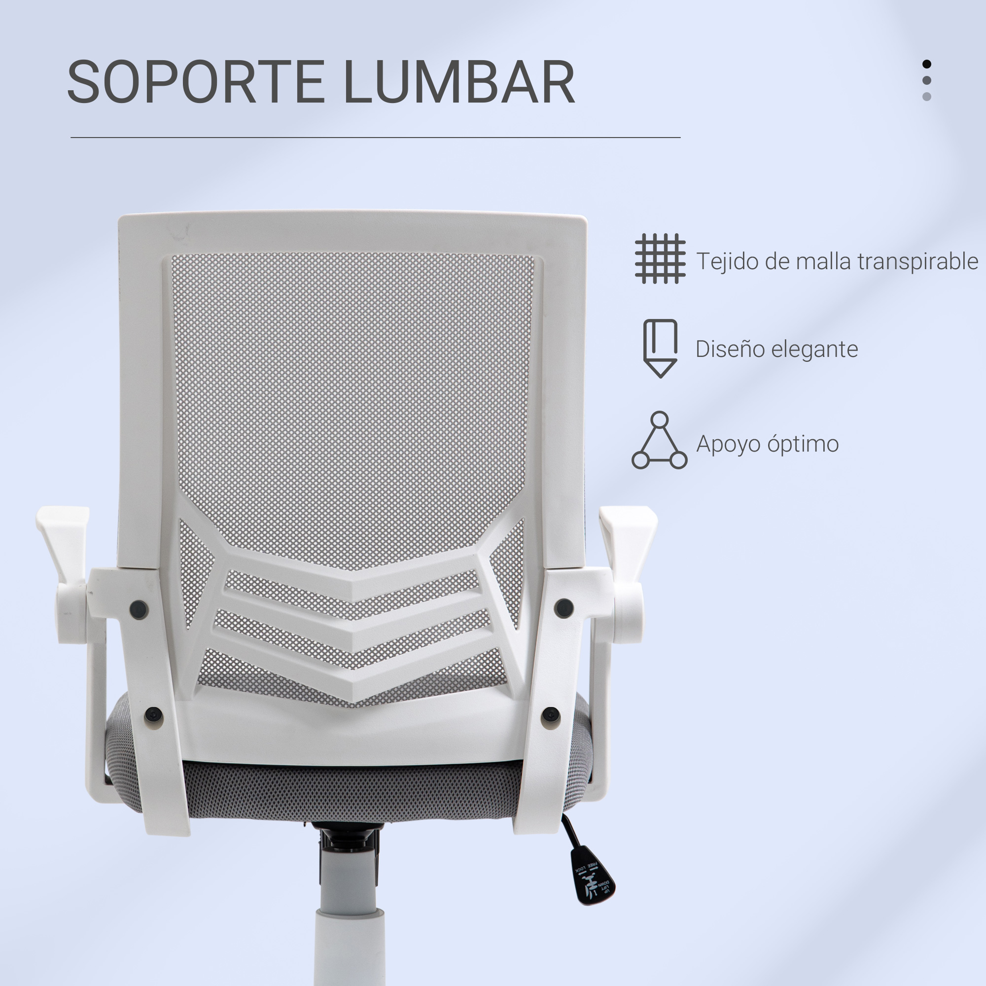 Una silla de oficina blanca con respaldo de malla, soporte lumbar, con reposabrazos y una palanca de ajuste de altura.