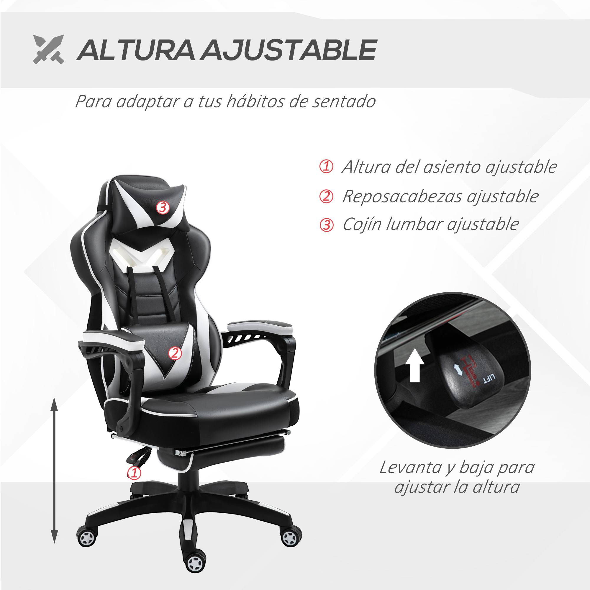 Una silla gamer en blanco y negro con altura ajustable. Tiene reposacabezas y soporte lumbar ajustables, y un reposapiés.