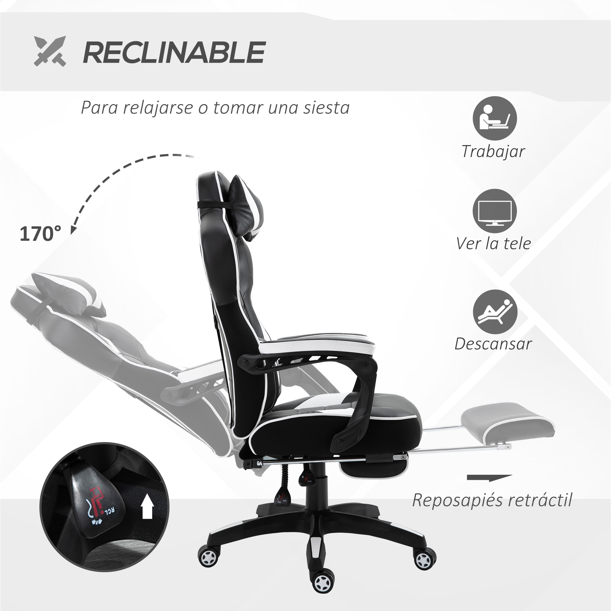 Silla gaming negra y blanca reclinada. Con reposacabezas, reposabrazos y reposapiés. Imagen de cerca.