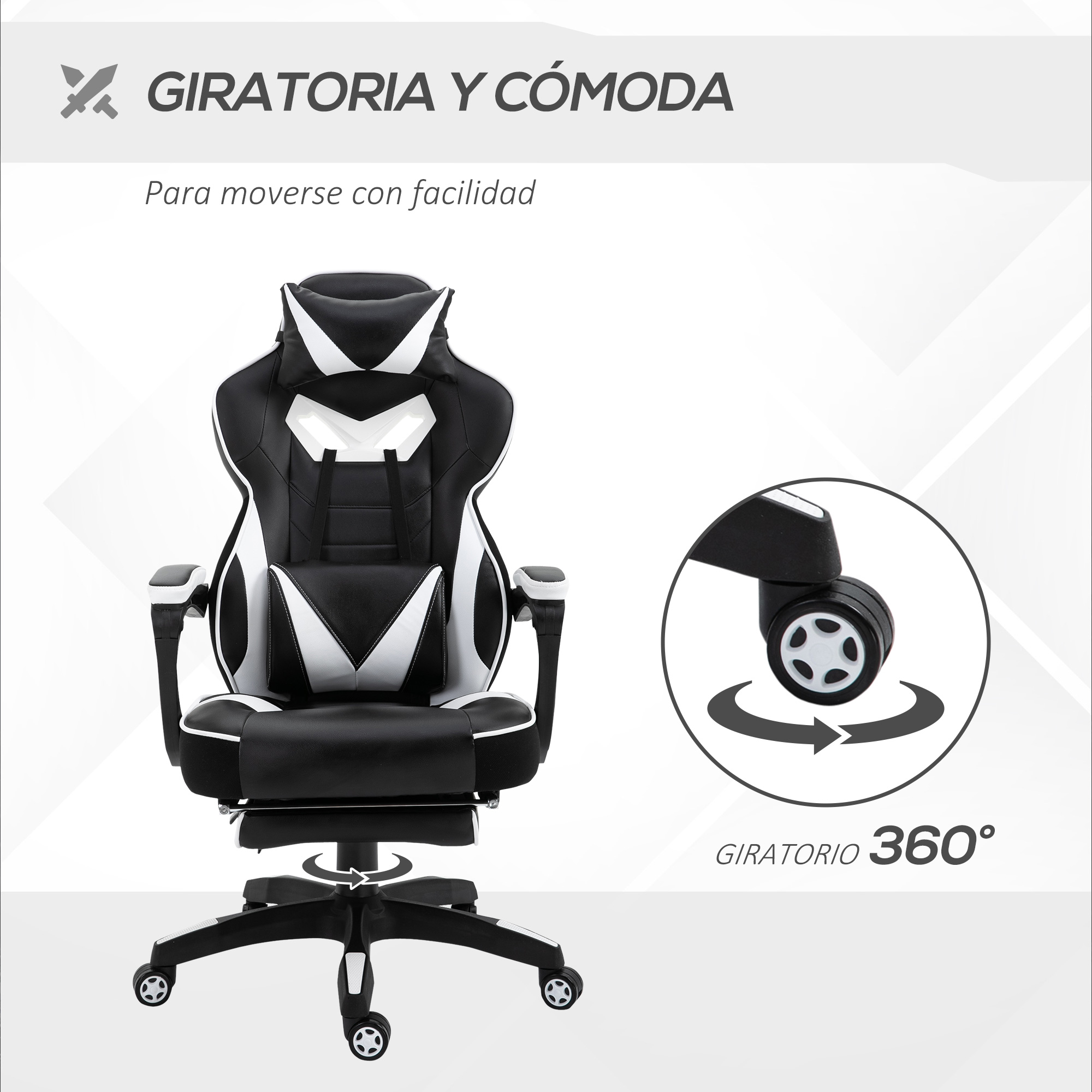 Silla gaming negra y blanca con reposacabezas y reposabrazos. Tiene ruedas y gira 360 grados.