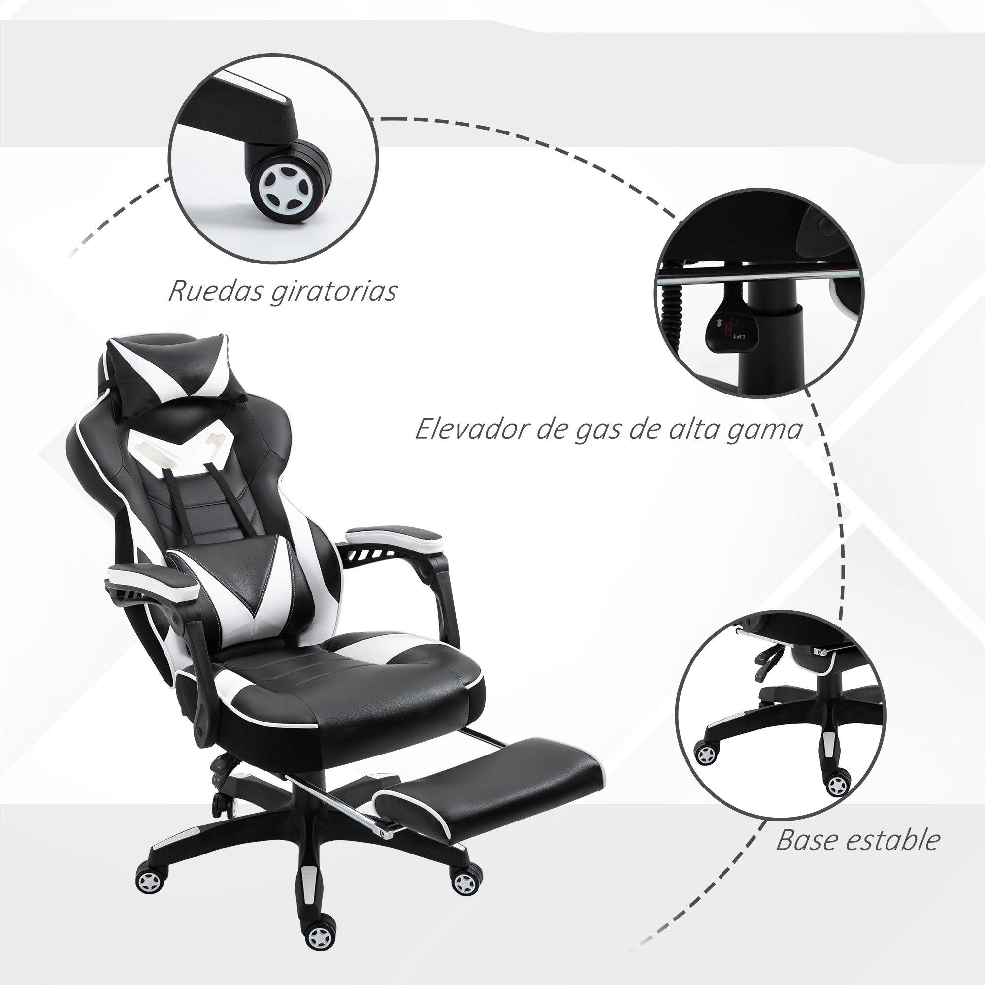 Silla gaming con reposapiés, diseño blanco y negro. Detalles ruedas, elevador gas, base estable.