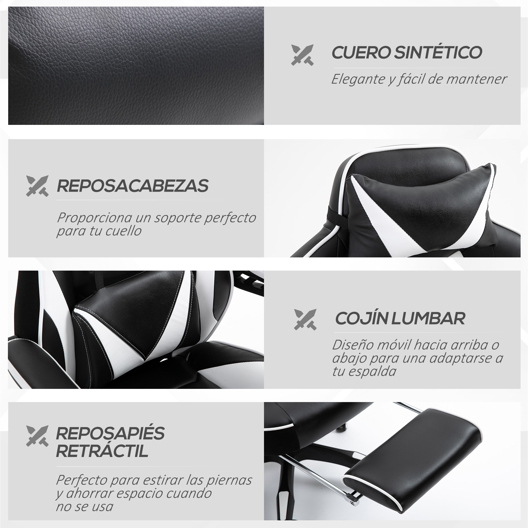 Silla gaming blanca y negra: cuero sintético, reposacabezas, cojín lumbar y reposapiés retráctil.