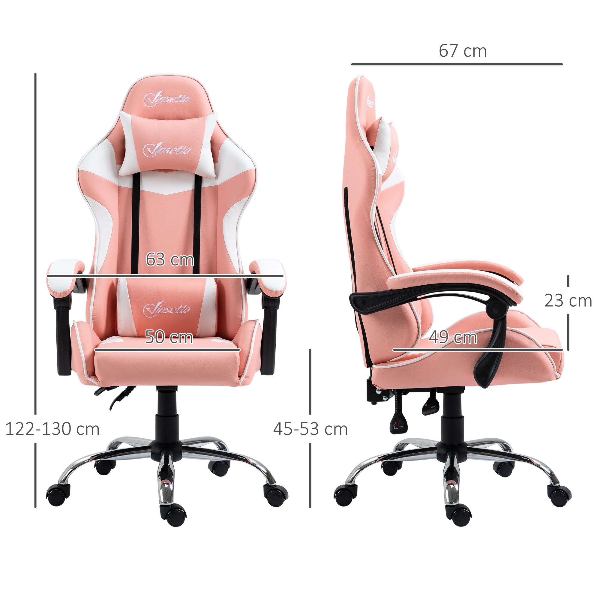 Silla gaming rosa con detalles blancos, dimensiones etiquetadas.