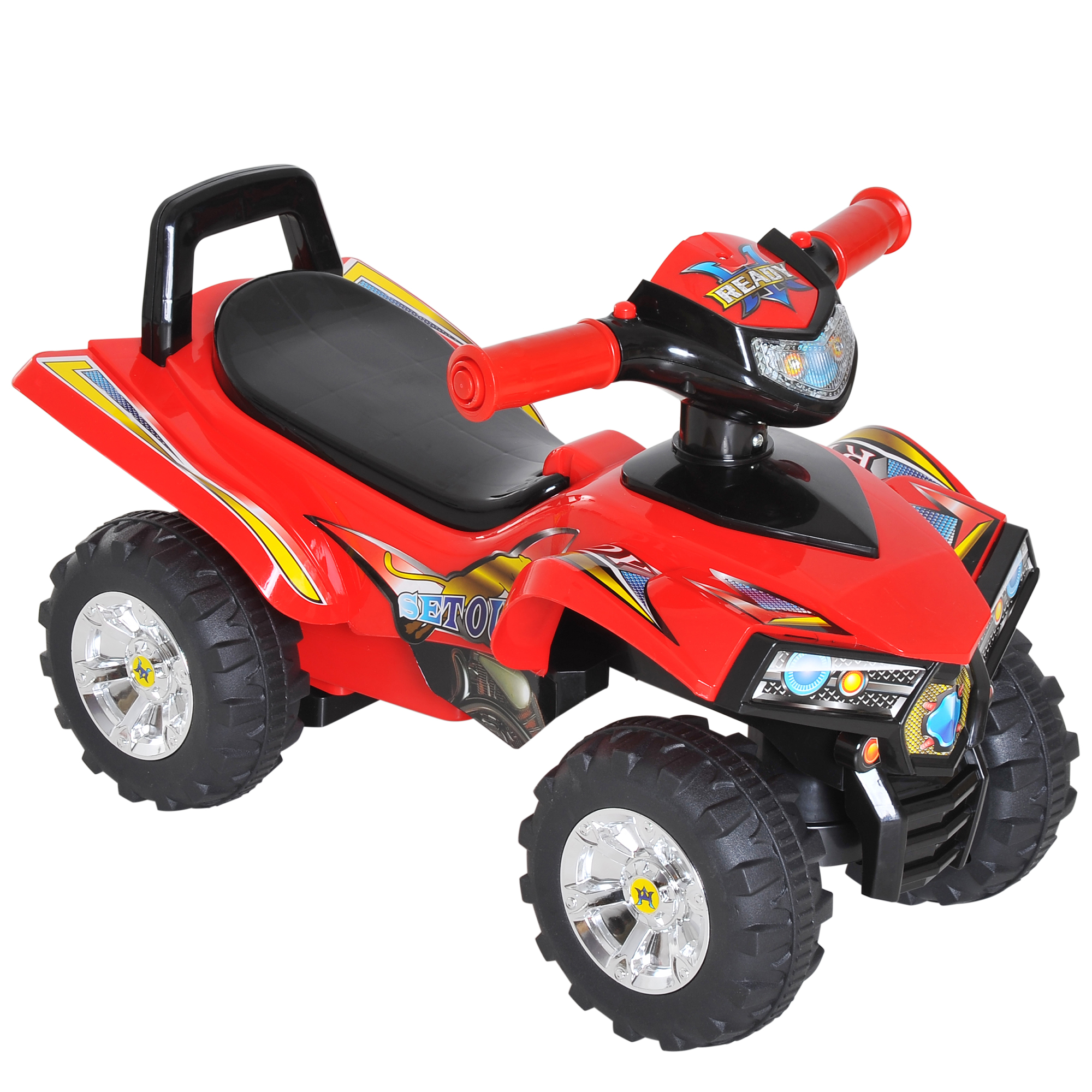 ATV giocattolo rosso con ruote nere e sedile nero. Ha un manubrio rosso e fari.