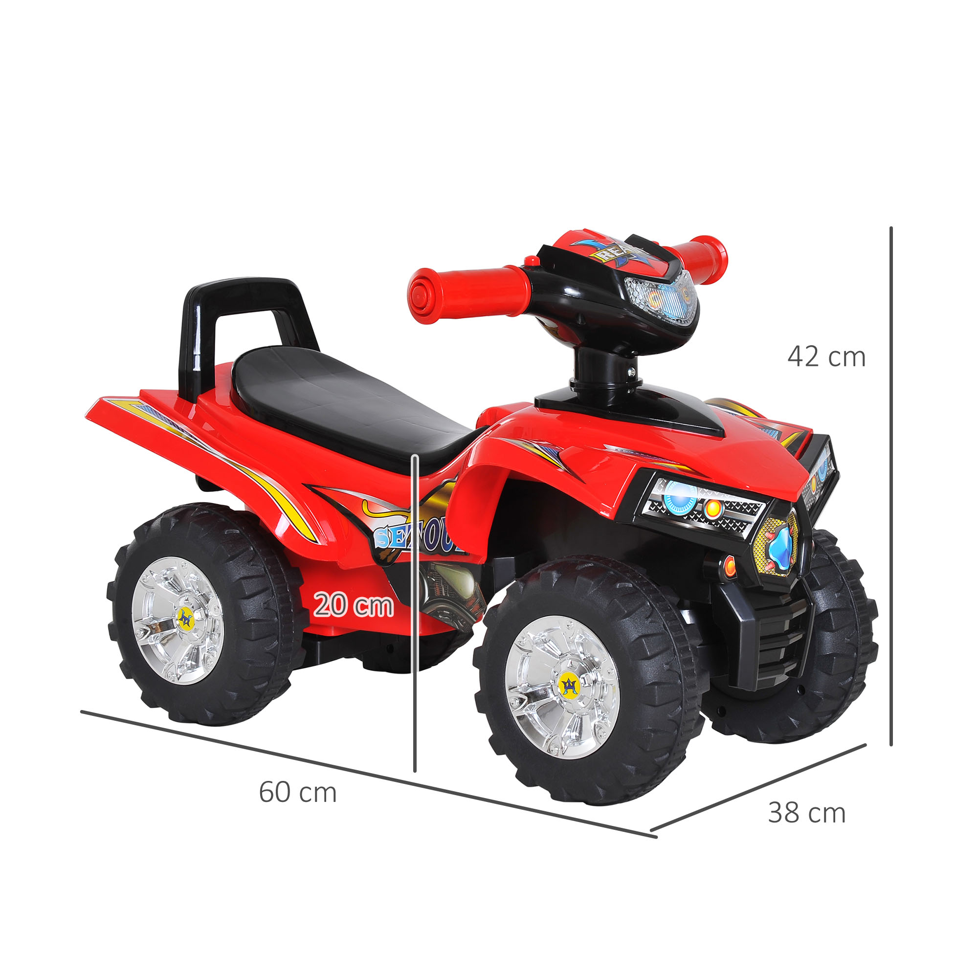 ATV de juguete rojo con asiento y manillar negros. Tiene 4 ruedas negras, se muestran las medidas.