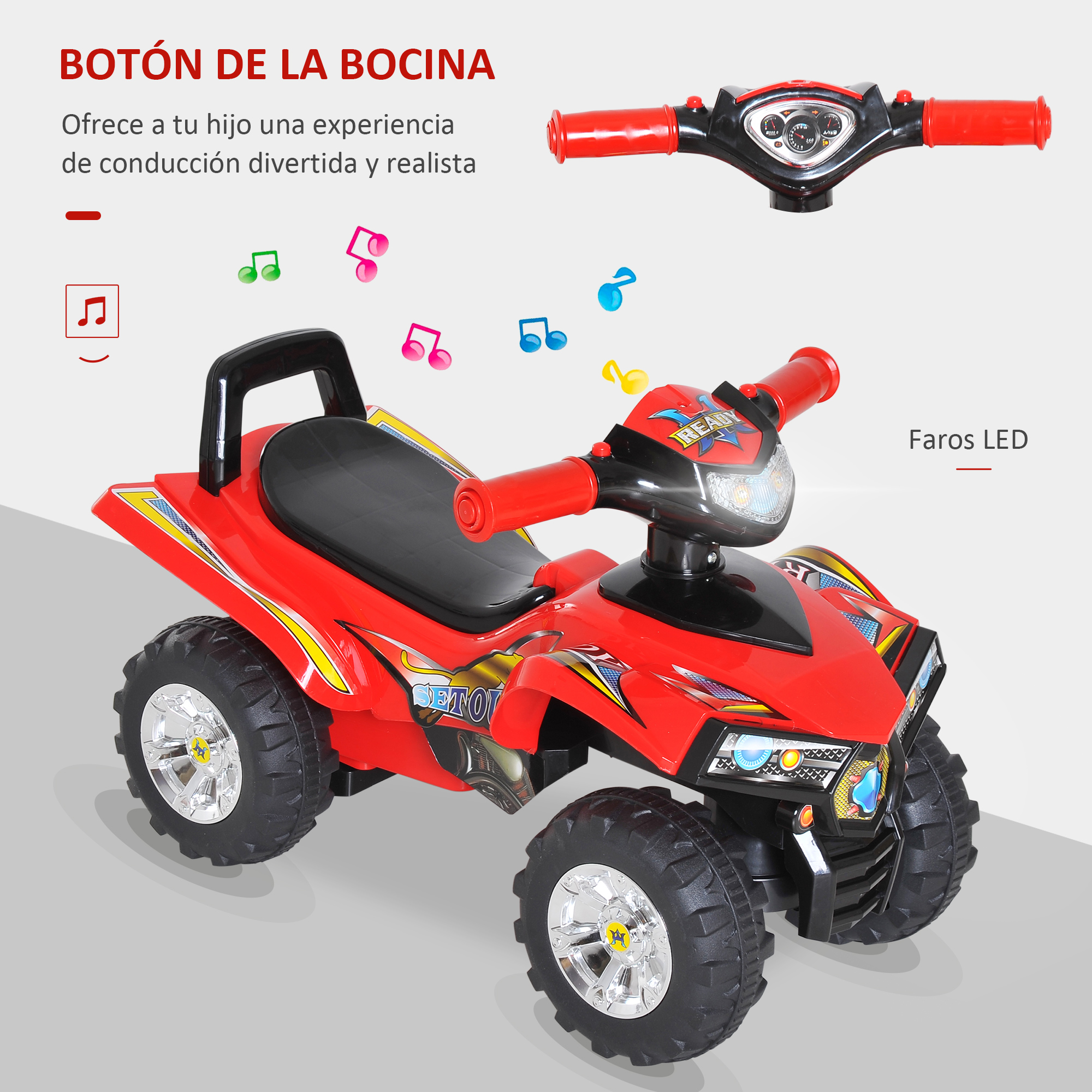 ATV de juguete rojo y negro con ruedas grandes, manillar rojo y asiento negro, con notas musicales en el fondo.