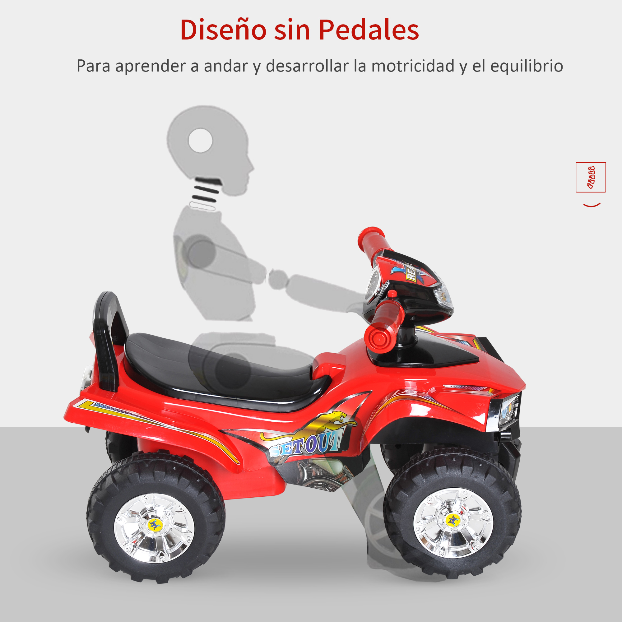 Un ATV de juguete rojo, con asiento y neumáticos negros. Una figura de contorno gris parece estar montándolo. Texto en español.