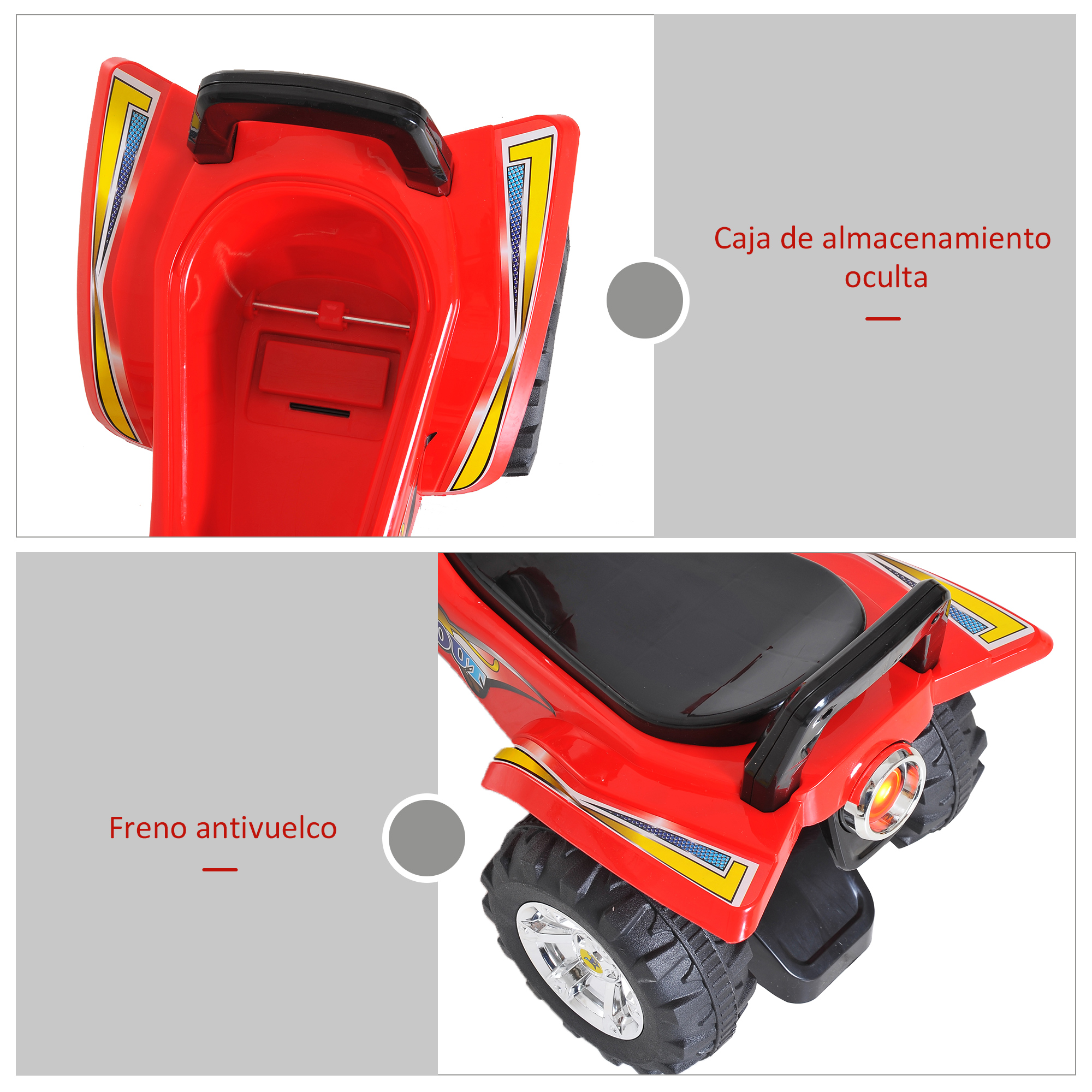 ATV de juguete rojo con asiento y manillar negros. Acentos amarillos y azules. Llantas negras grandes y un compartimento oculto.