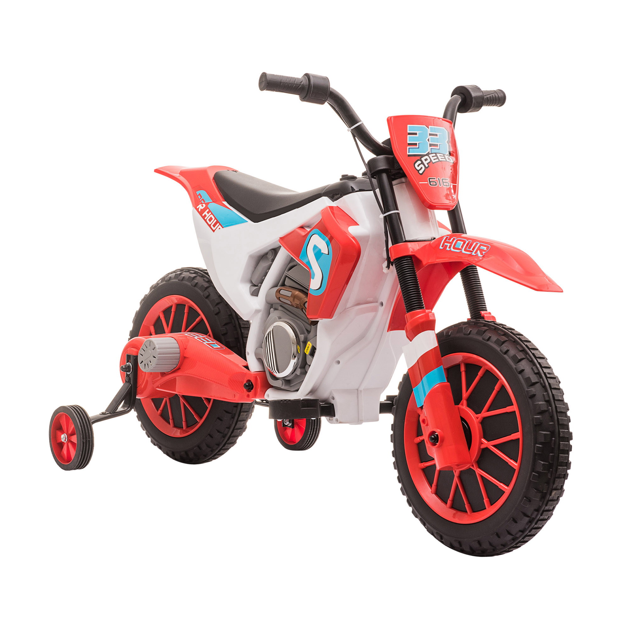 Moto giocattolo rossa e bianca con rotelle, su sfondo bianco.