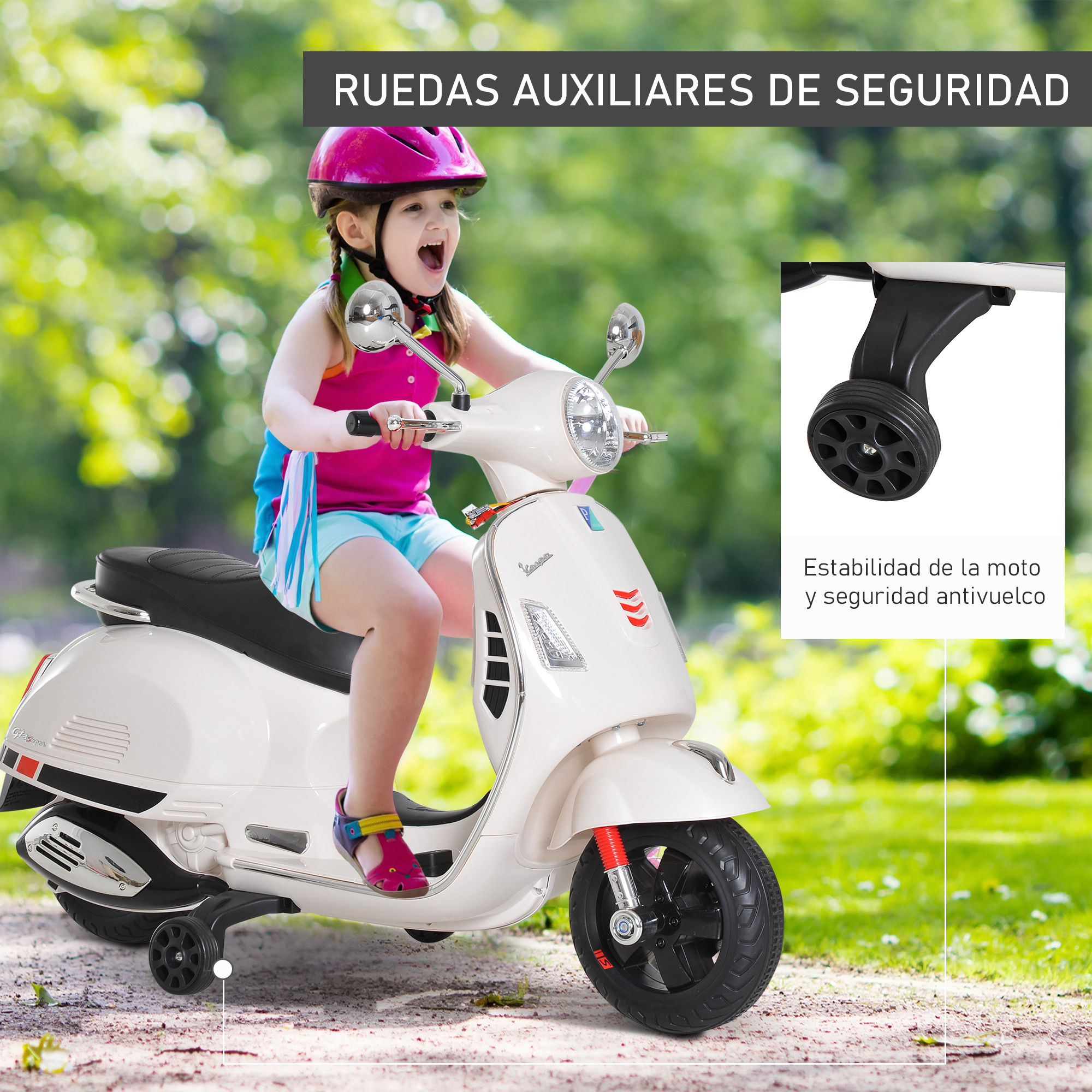 Una niña monta un scooter de juguete blanco con ruedas de entrenamiento. Incluye estabilidad y seguridad antivuelco.