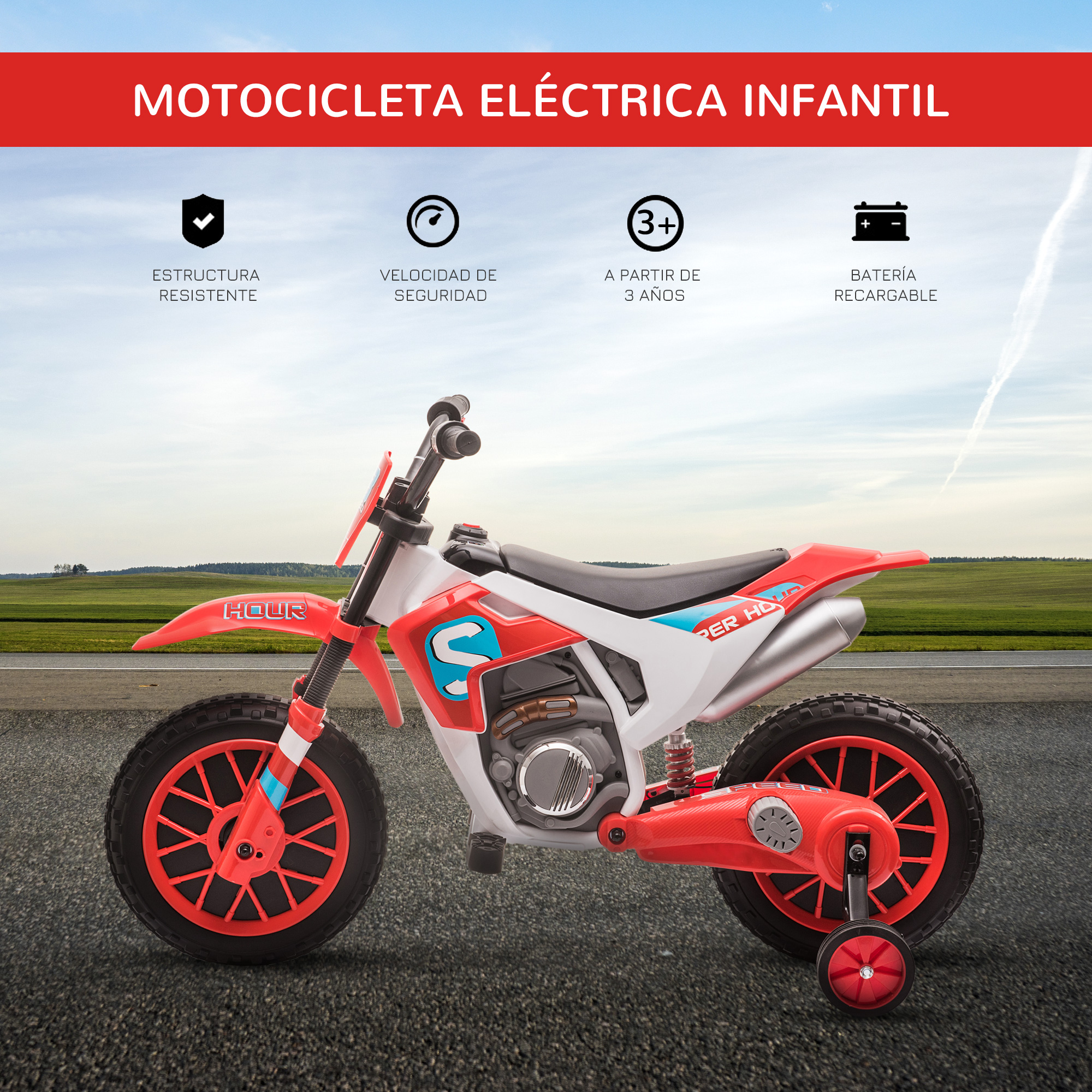 Moto de juguete eléctrica roja y blanca. Tiene ruedines. Rodeada de una escena soleada al aire libre.