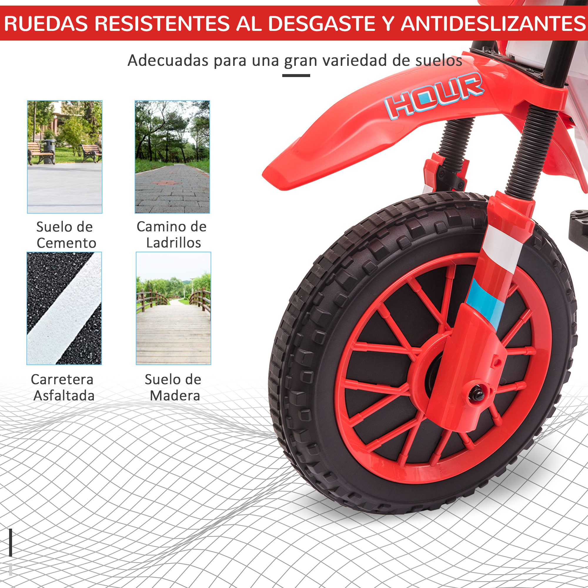 Primer plano de la rueda de una motocicleta de juguete roja. Muestra diversas superficies: cemento, ladrillo, asfalto y madera.