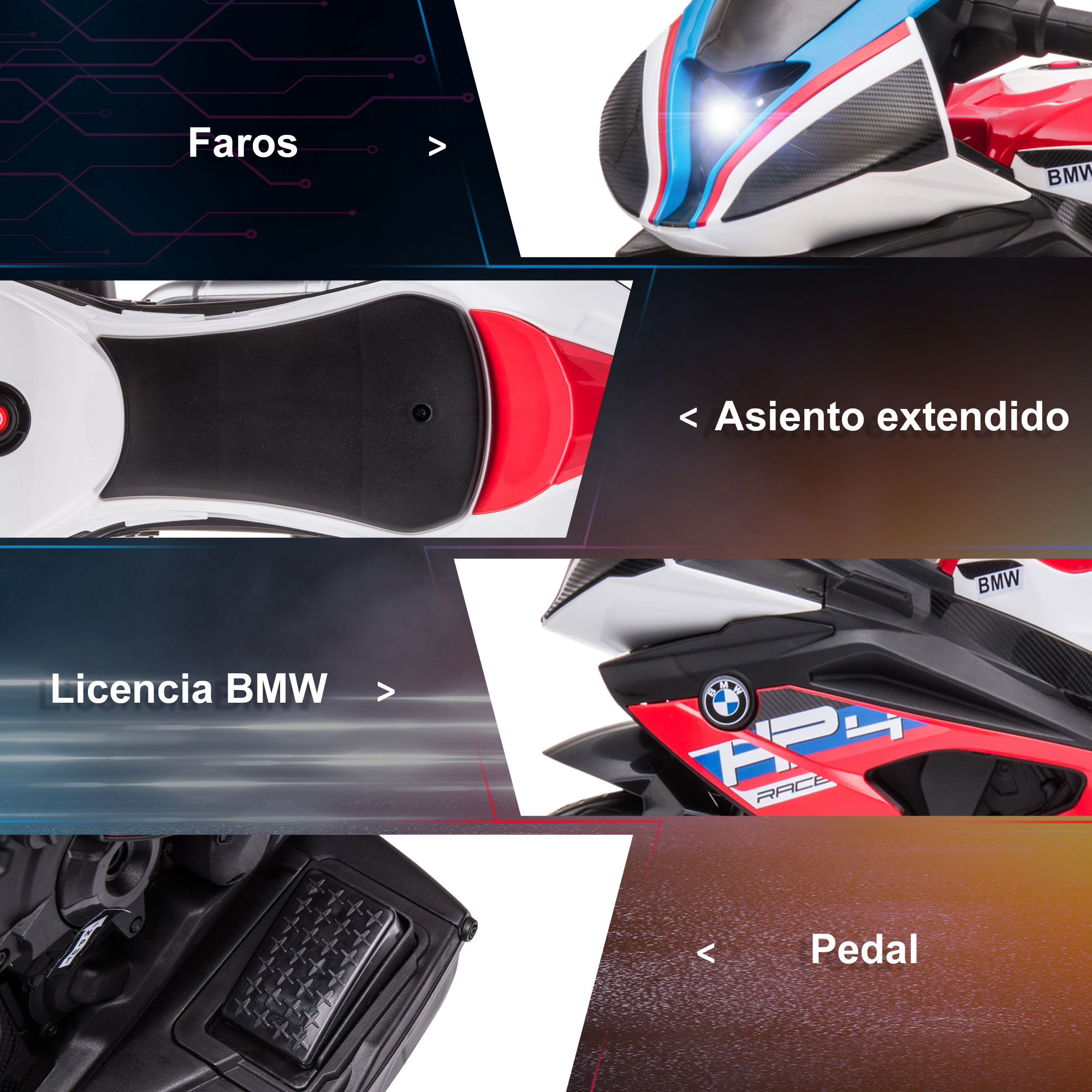 Motocicleta BMW de juguete, roja y blanca, con faros, asiento extendido, licencia BMW y pedal.