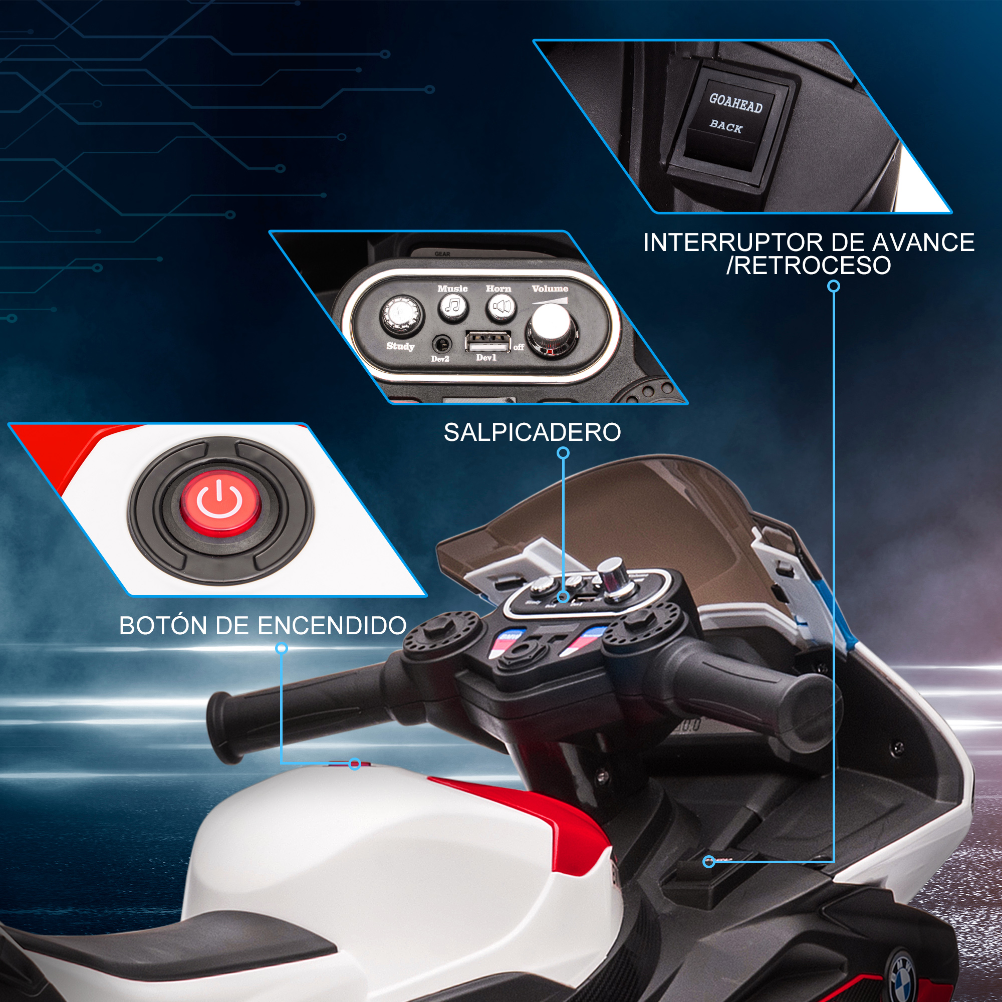 Una moto de juguete con varios botones resaltados y un panel de control.