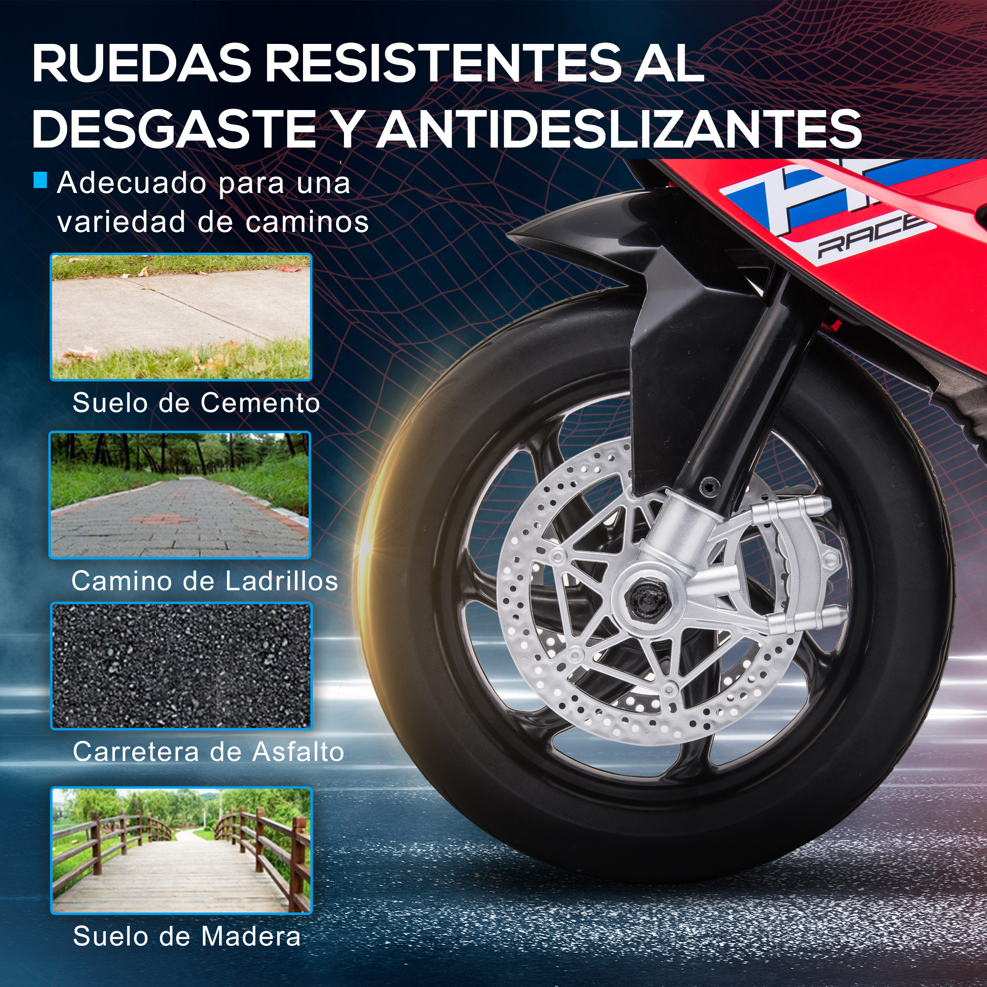 Una rueda de motocicleta con diferentes superficies de carretera: asfalto, ladrillo, cemento y madera.