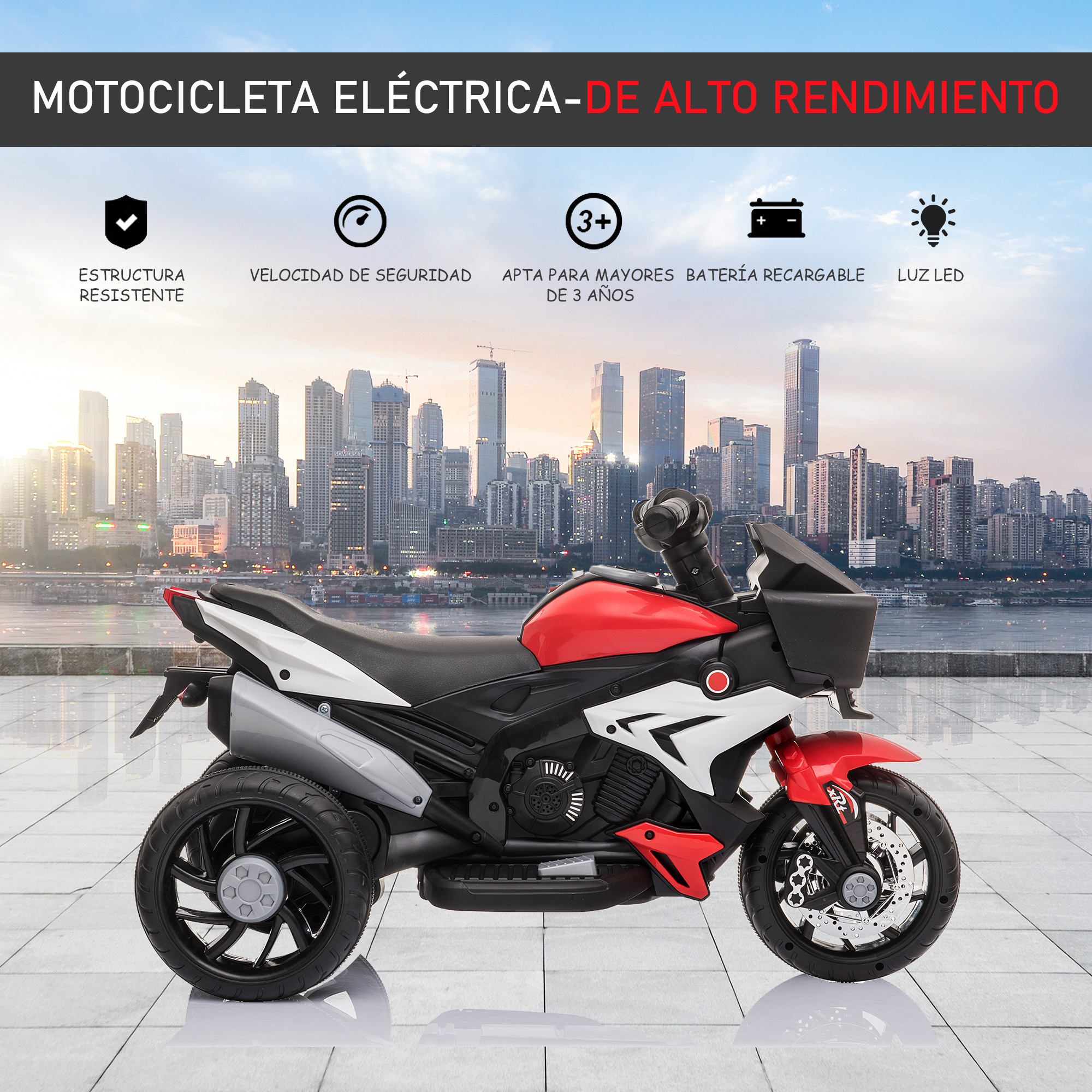 Una moto de juguete roja, blanca y negra con un fondo de ciudad. Tiene un frontal rojo y ruedas negras.