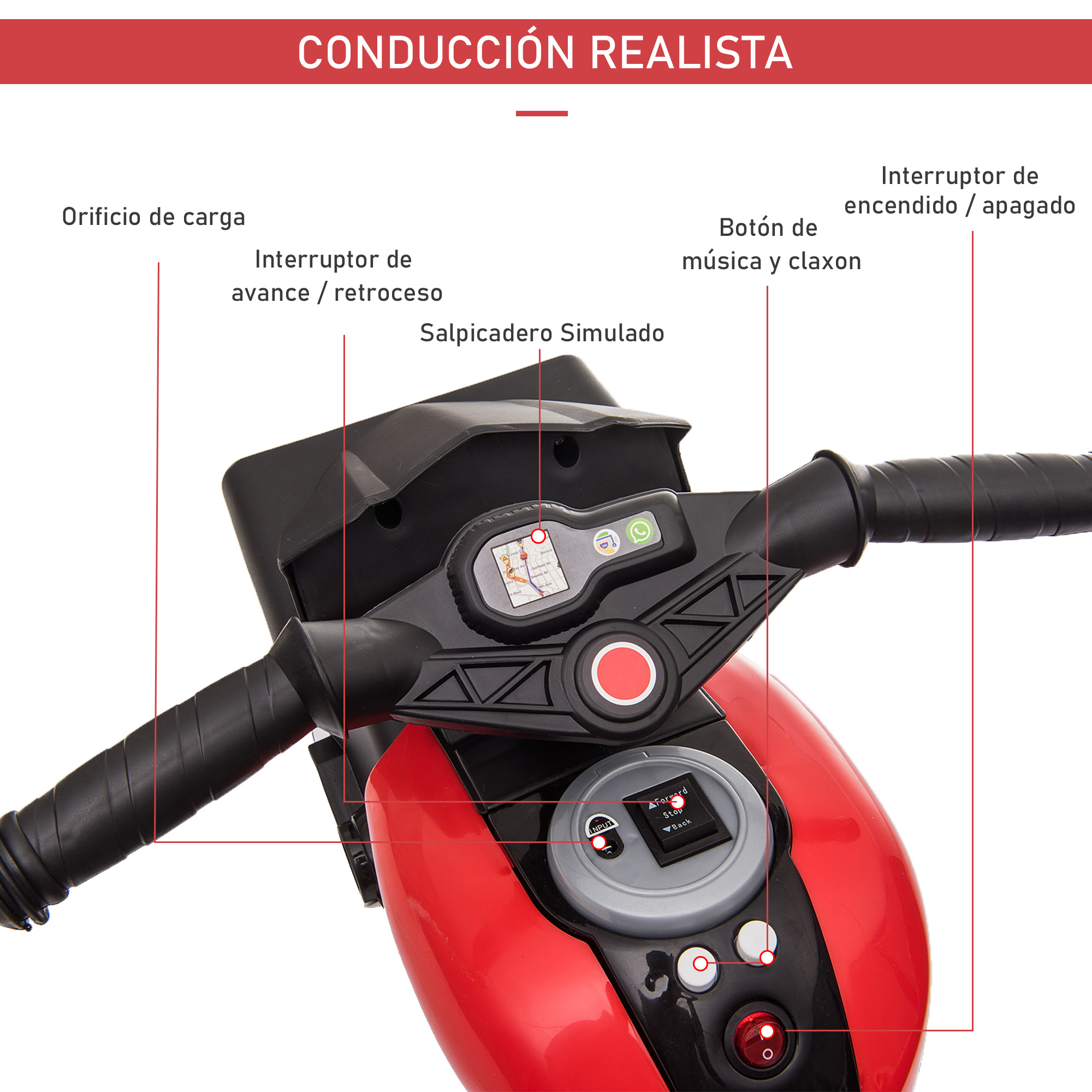 Panel de control de un coche de juguete rojo con controles y elementos simulados.