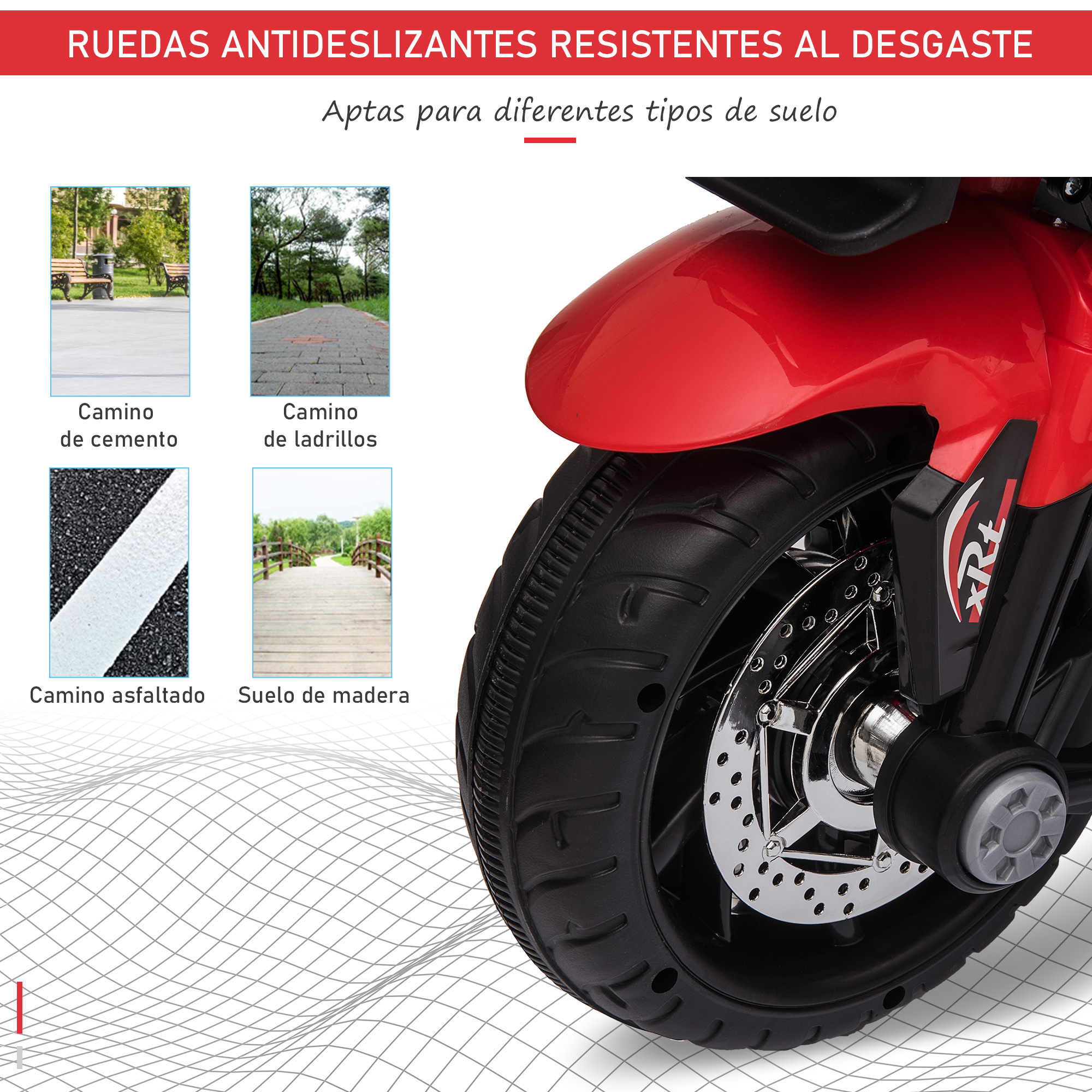 Moto de juguete roja con ruedas negras. Diferentes superficies de suelo se muestran en el fondo.