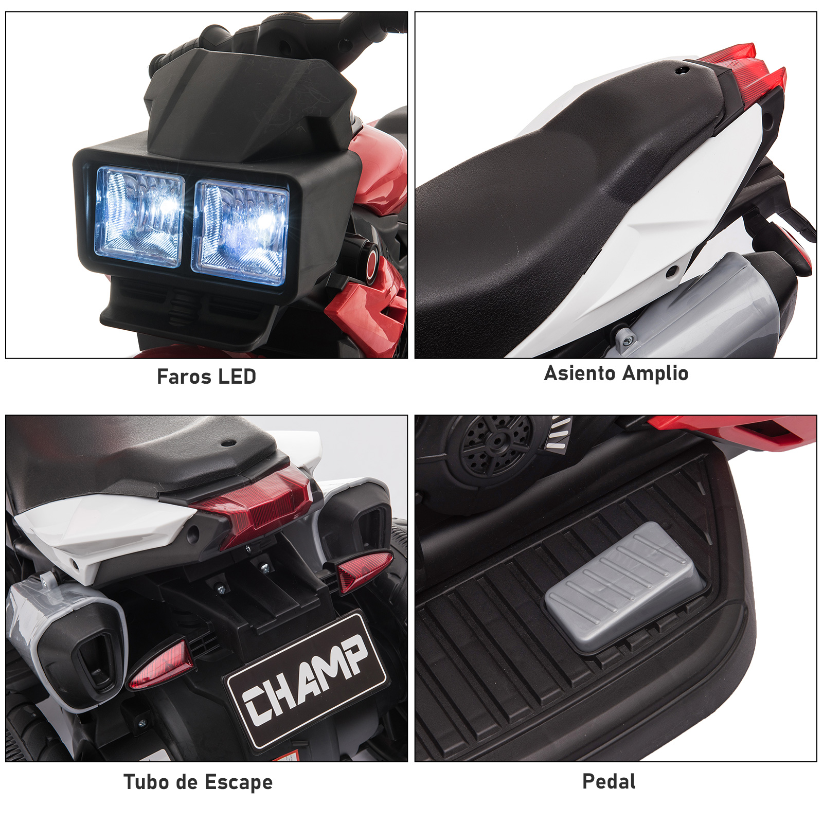 Una moto de juguete con faros LED, asiento, tubo de escape y pedal.