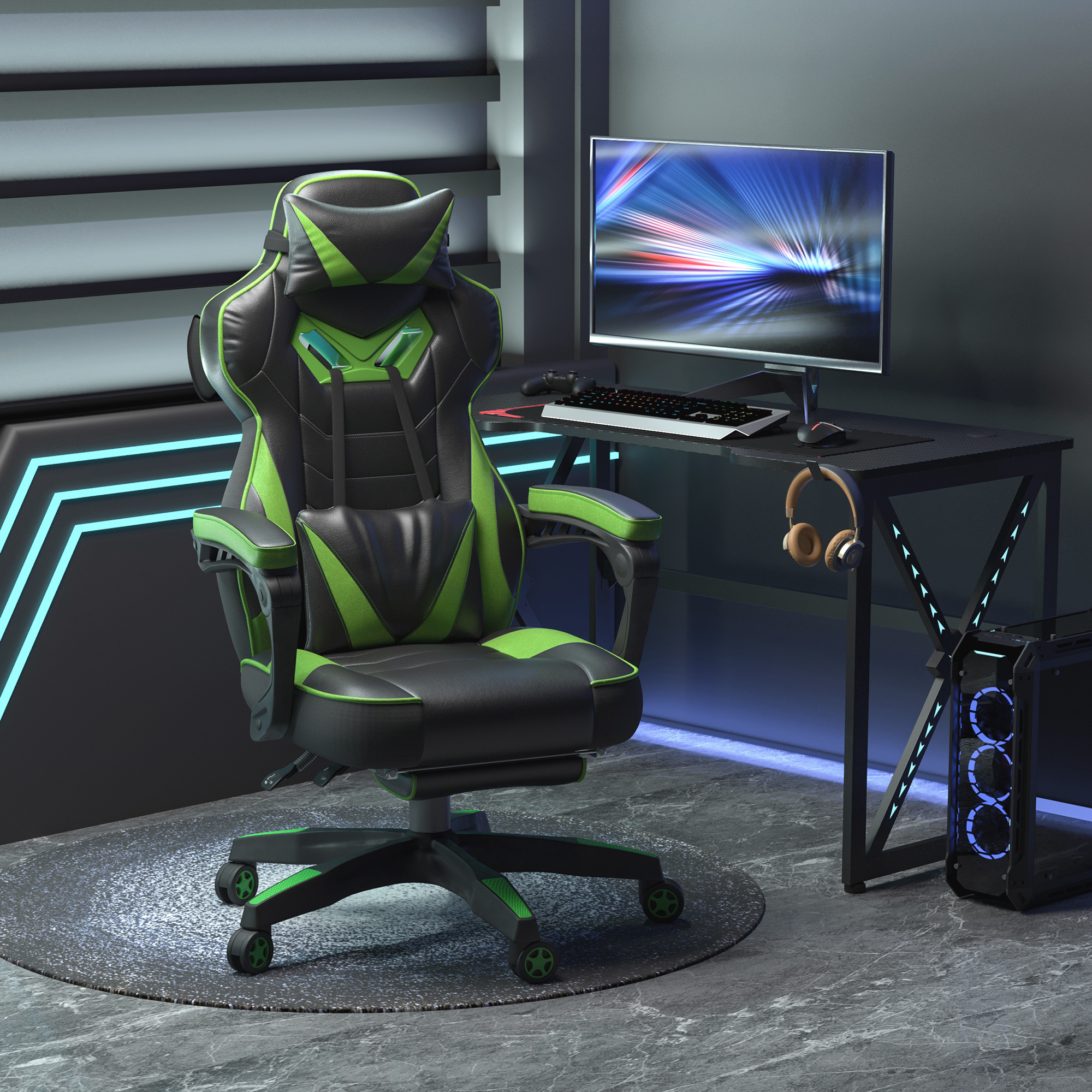 Configuración de juego con silla, escritorio, monitor y PC. La silla es negra y verde. La habitación tiene luces de neón azules.