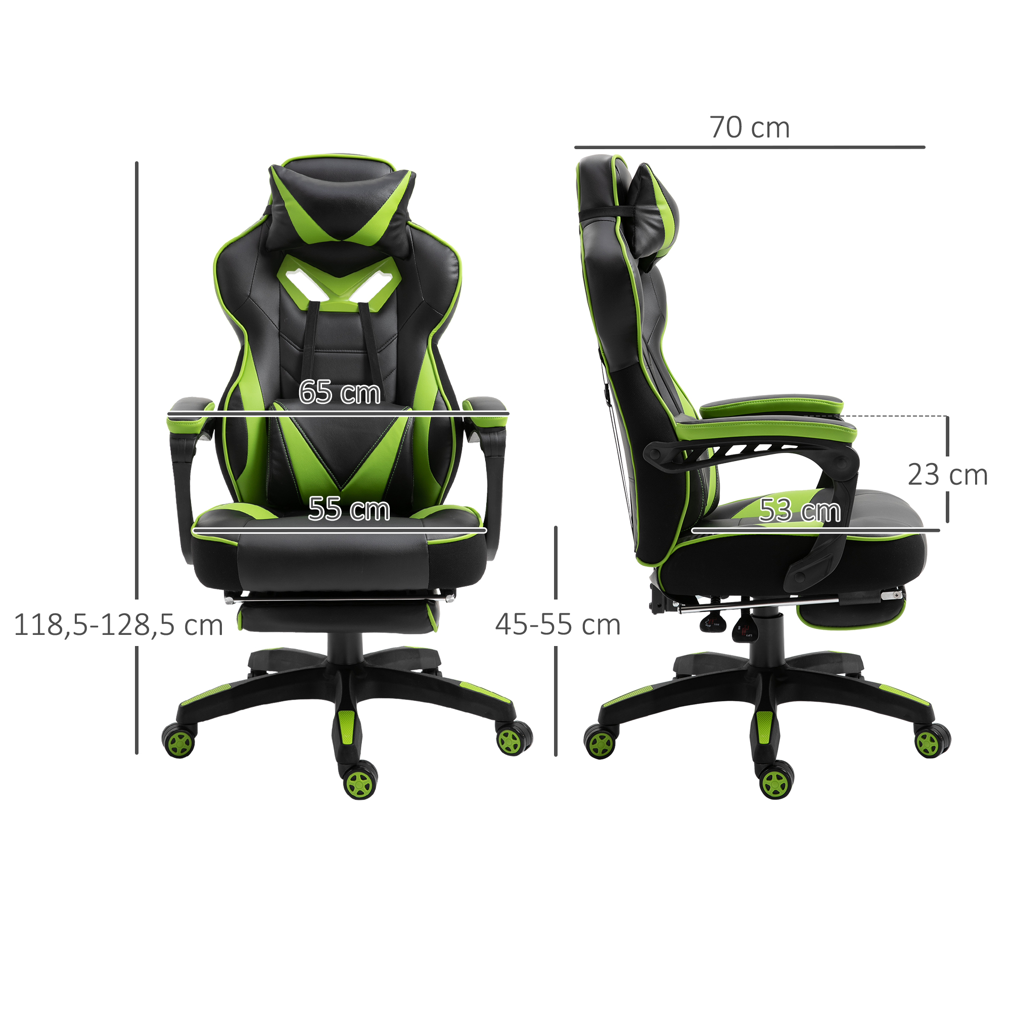 Una silla gamer negra y verde con medidas mostradas.