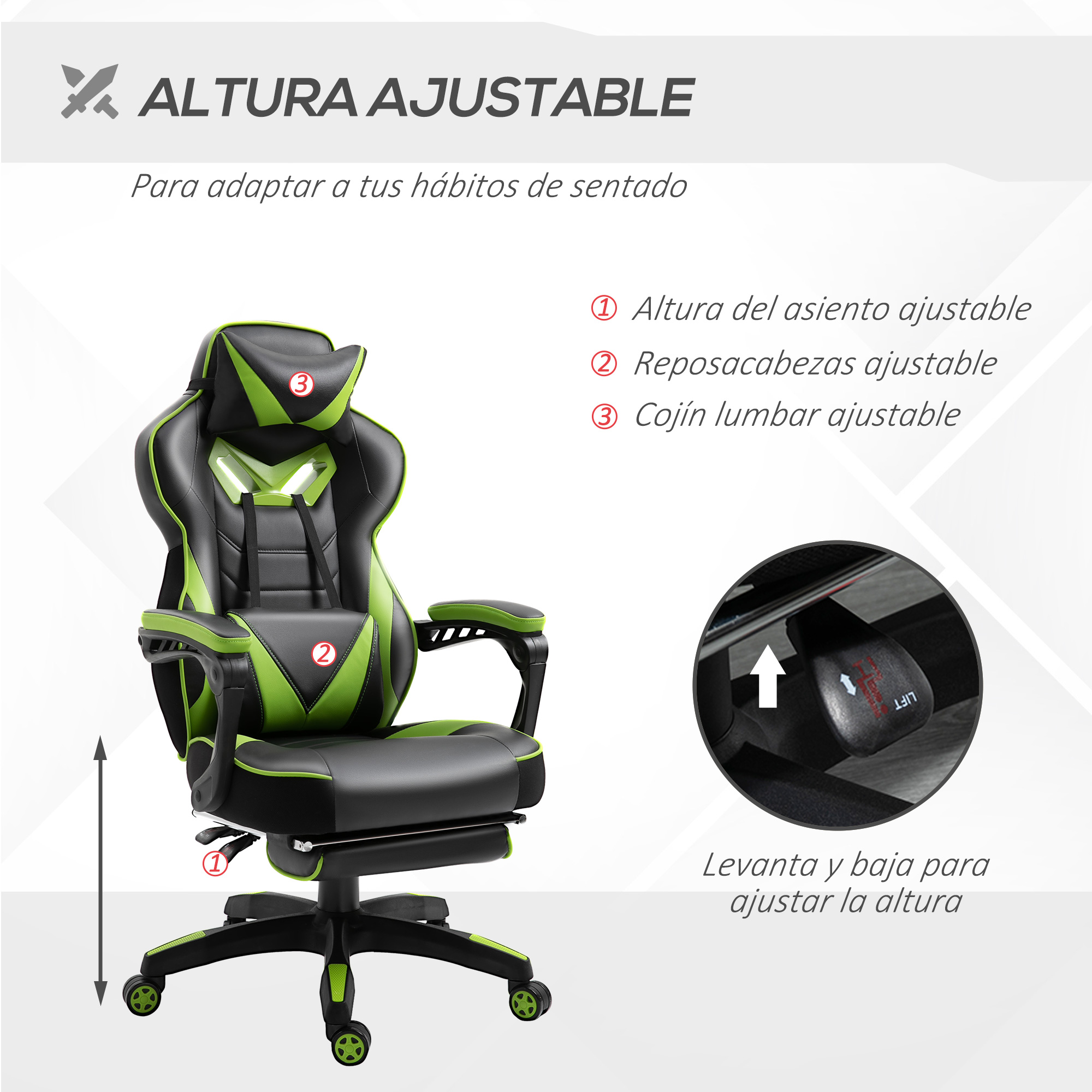 Silla gaming con altura, reposacabezas y cojín lumbar ajustables, negra y verde.