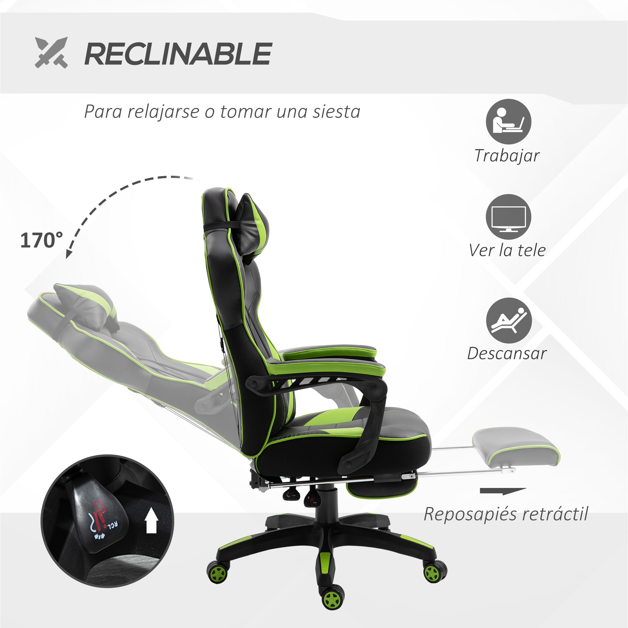 Silla gaming, negra y verde, se reclina 170 grados. Con reposapiés y reposabrazos. Texto: Reclinable, Para relajarse o tomar una siesta.
