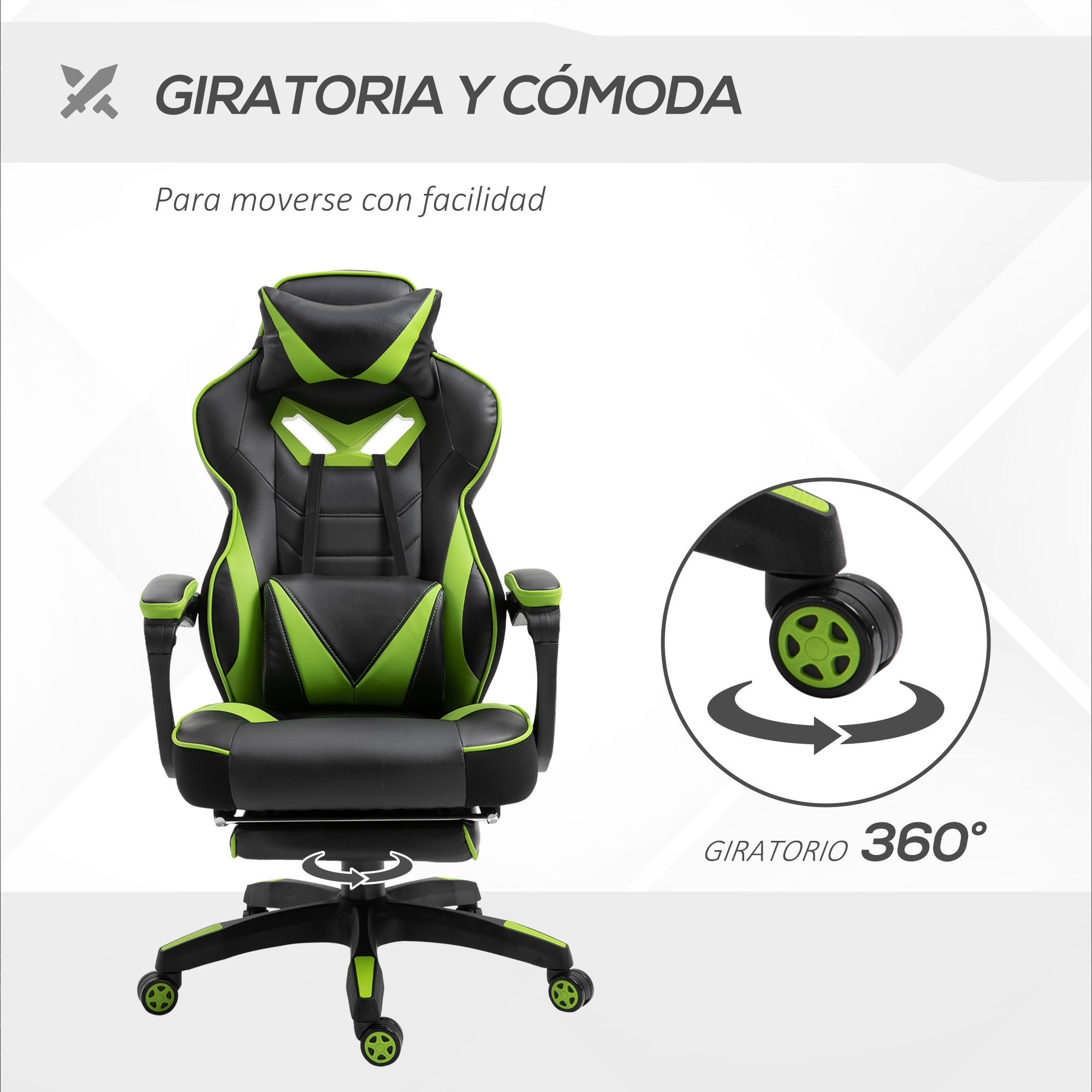 Silla gaming verde y negra. Muestra rotación de 360 grados. La silla tiene ruedas verdes.