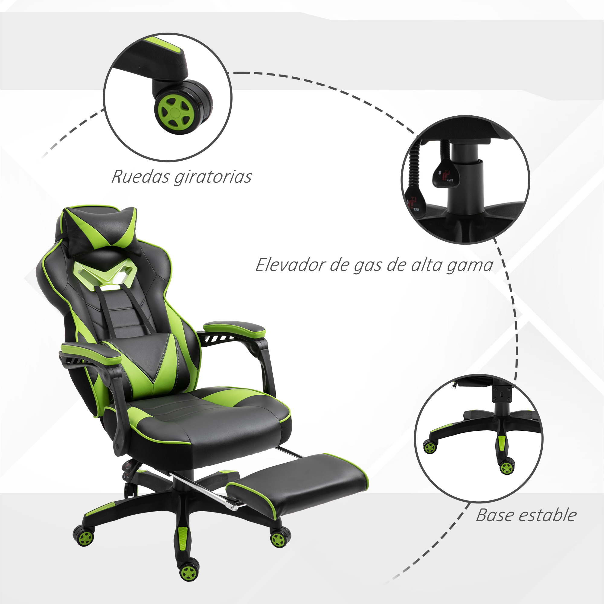 Silla gaming negra y verde con reposapiés. La silla tiene ruedas verdes y está sobre fondo blanco.