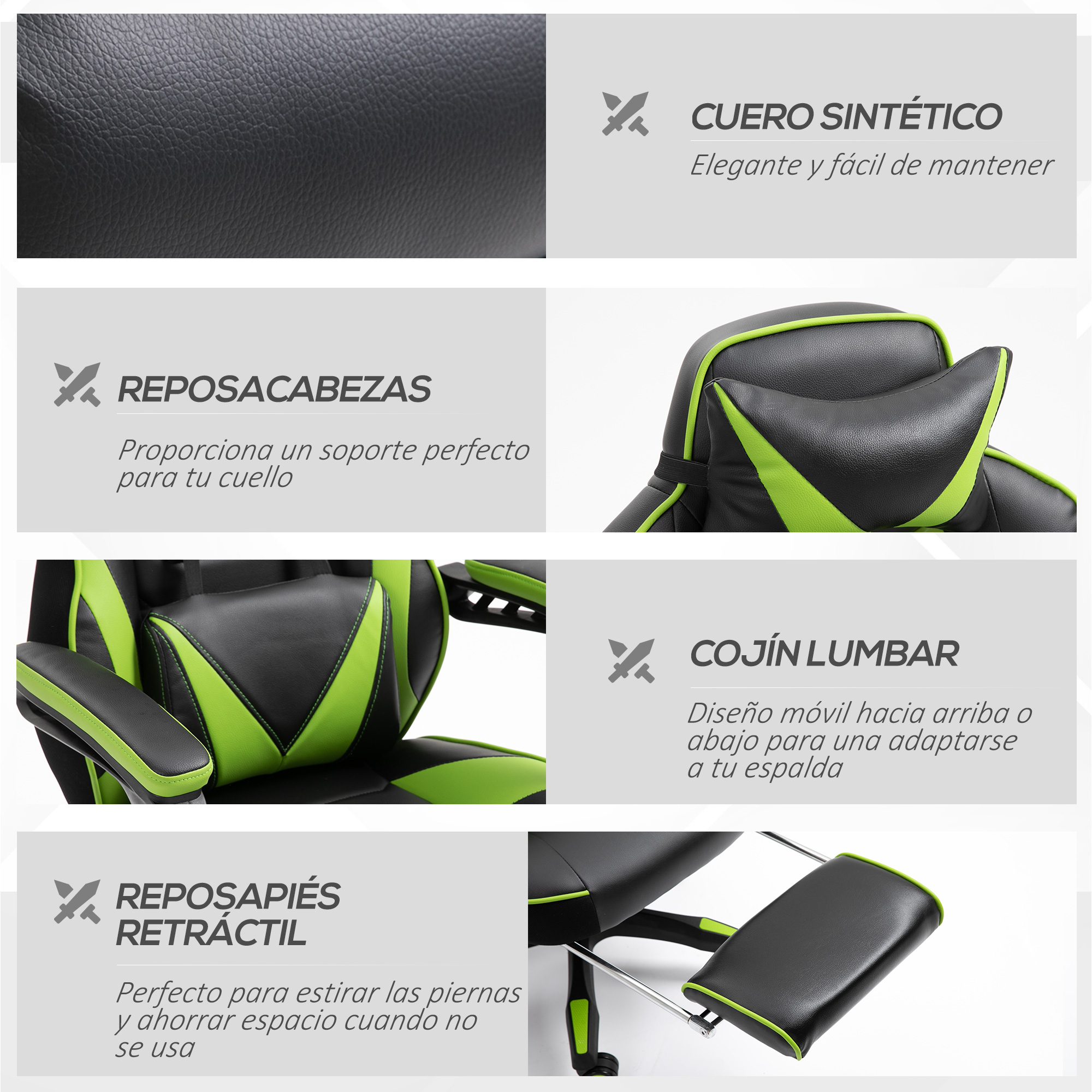 Vistas de cerca de una silla gaming: cuero sintético, reposacabezas, cojín lumbar y reposapiés retráctil.