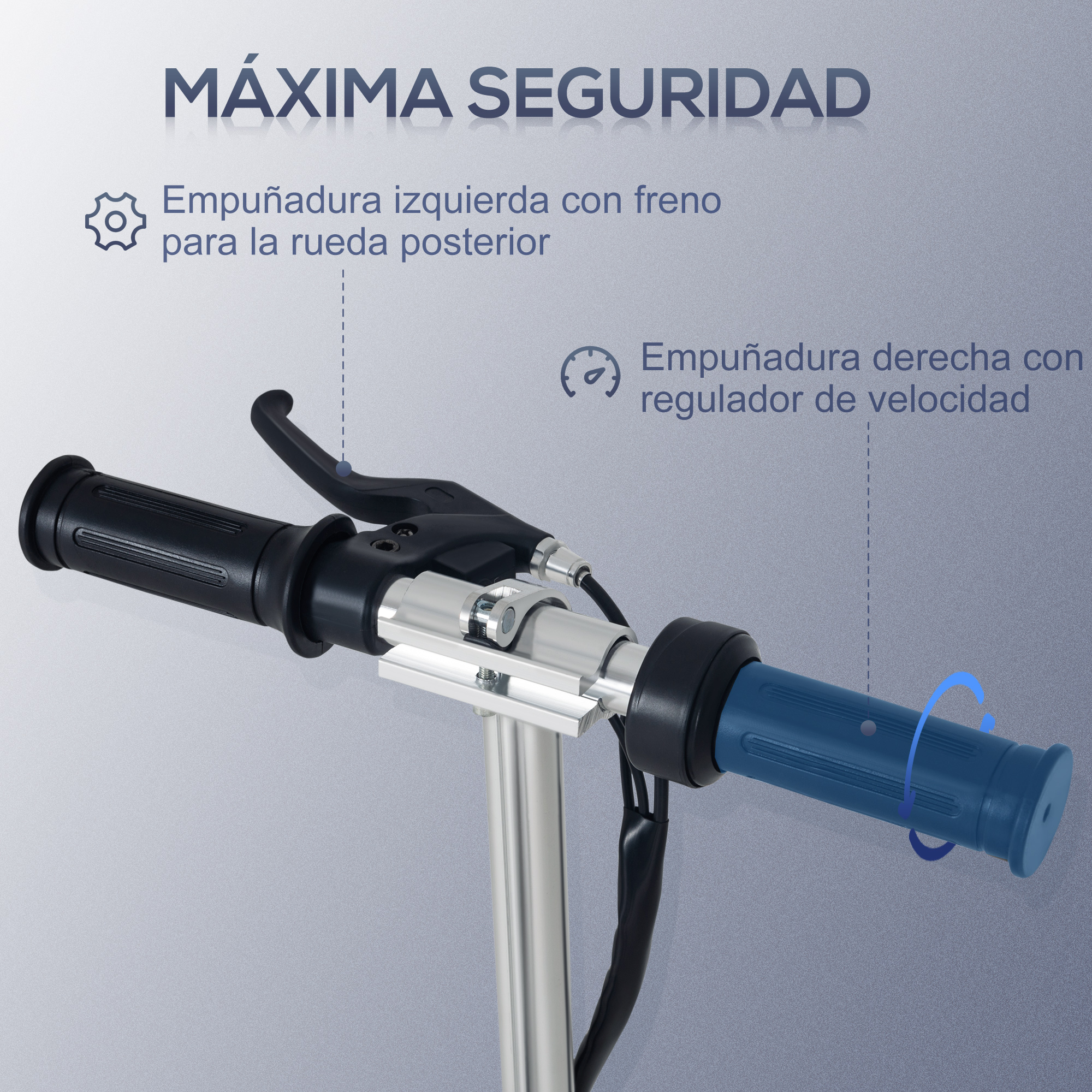 Primer plano del manillar del scooter con la palanca del freno y el control de velocidad.