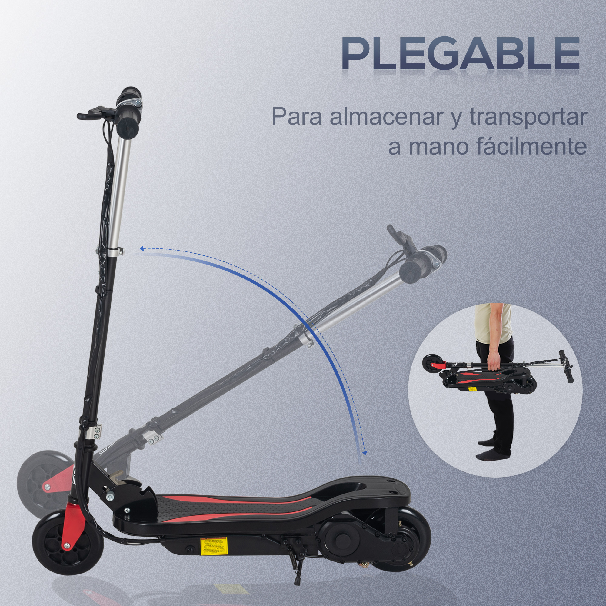 Un patinete eléctrico que se pliega. El patinete es negro y rojo, con una persona al fondo.