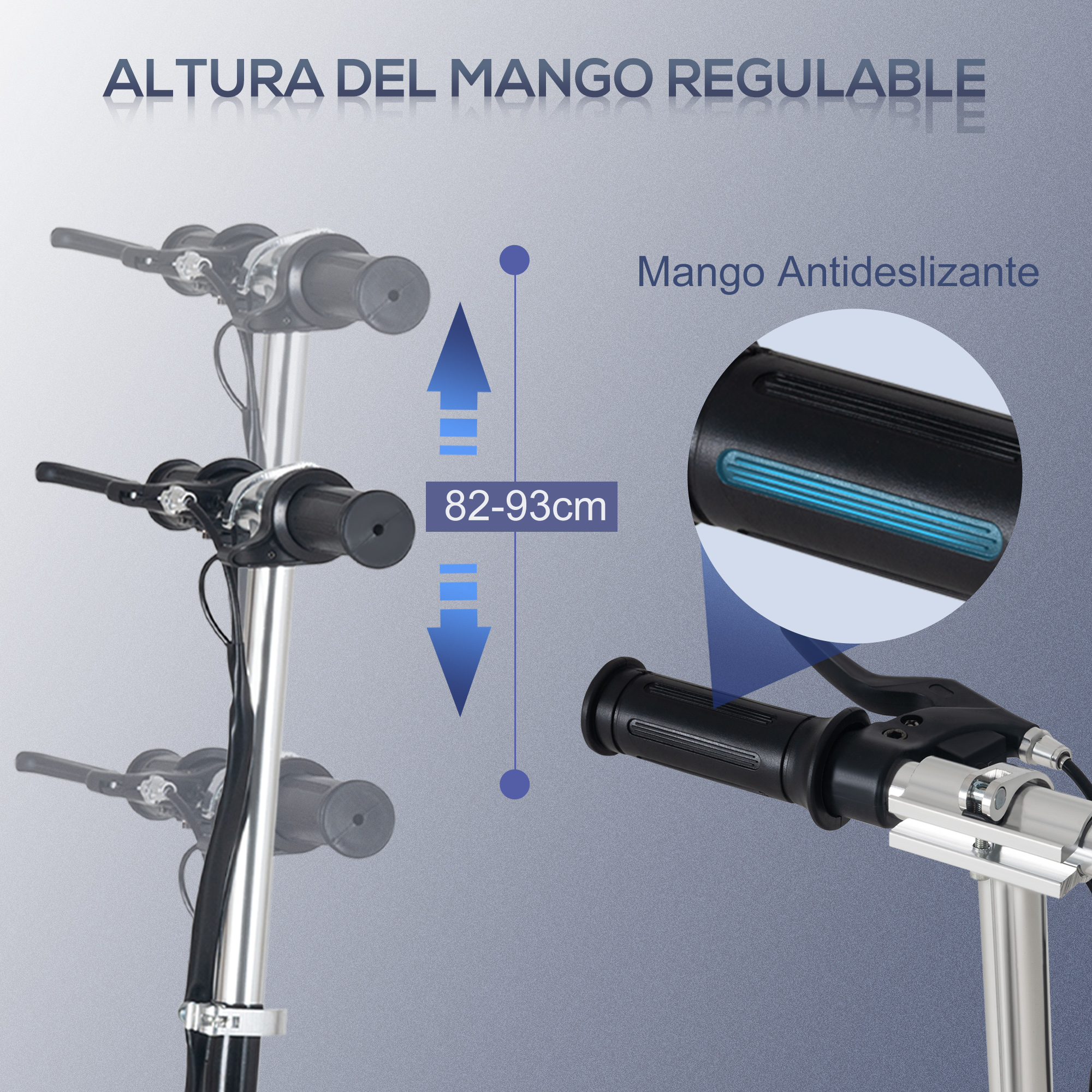 Manillar de scooter de altura ajustable. Muestra el rango de altura y un primer plano del mango antideslizante.