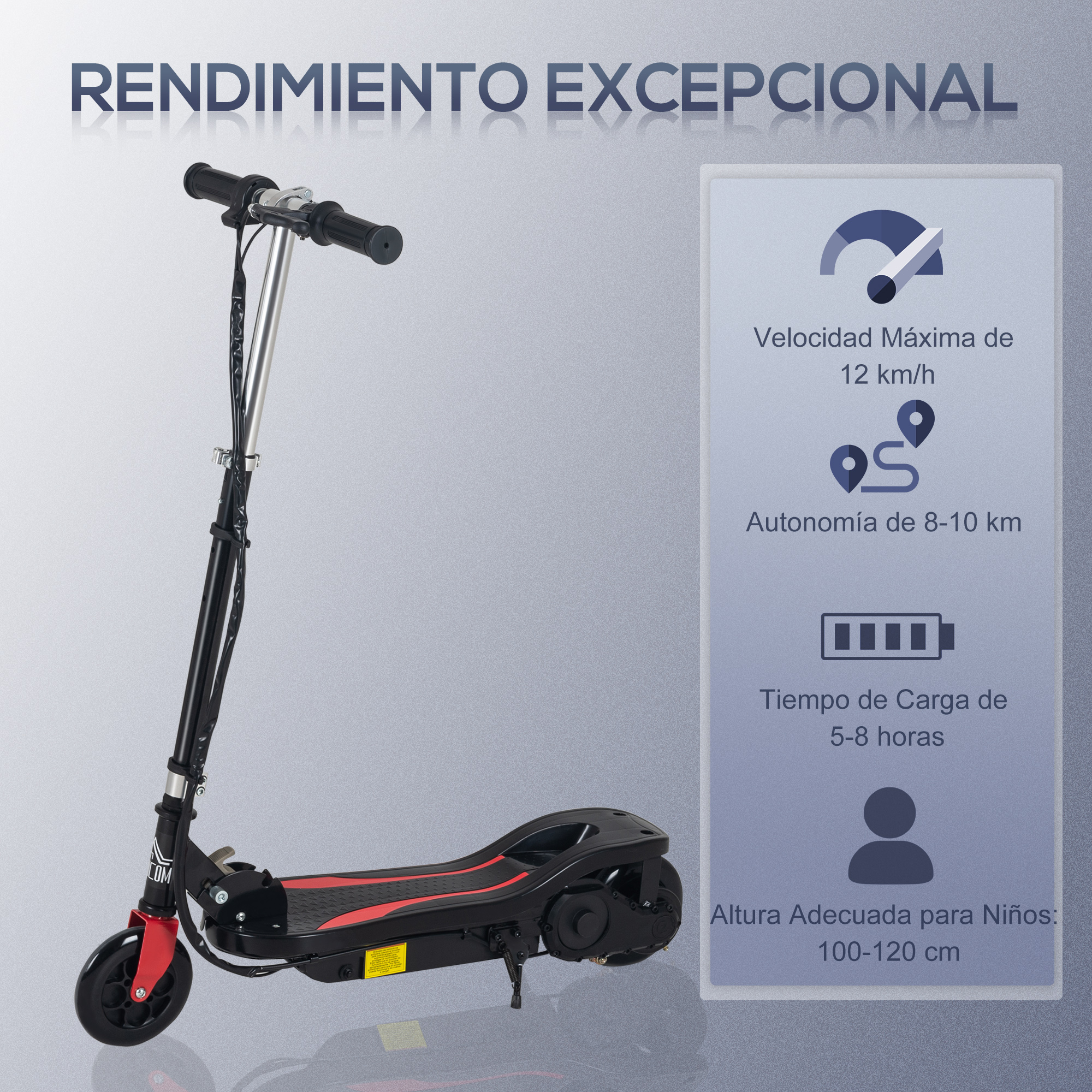 Patinete eléctrico negro y rojo con información de velocidad y alcance sobre fondo claro.