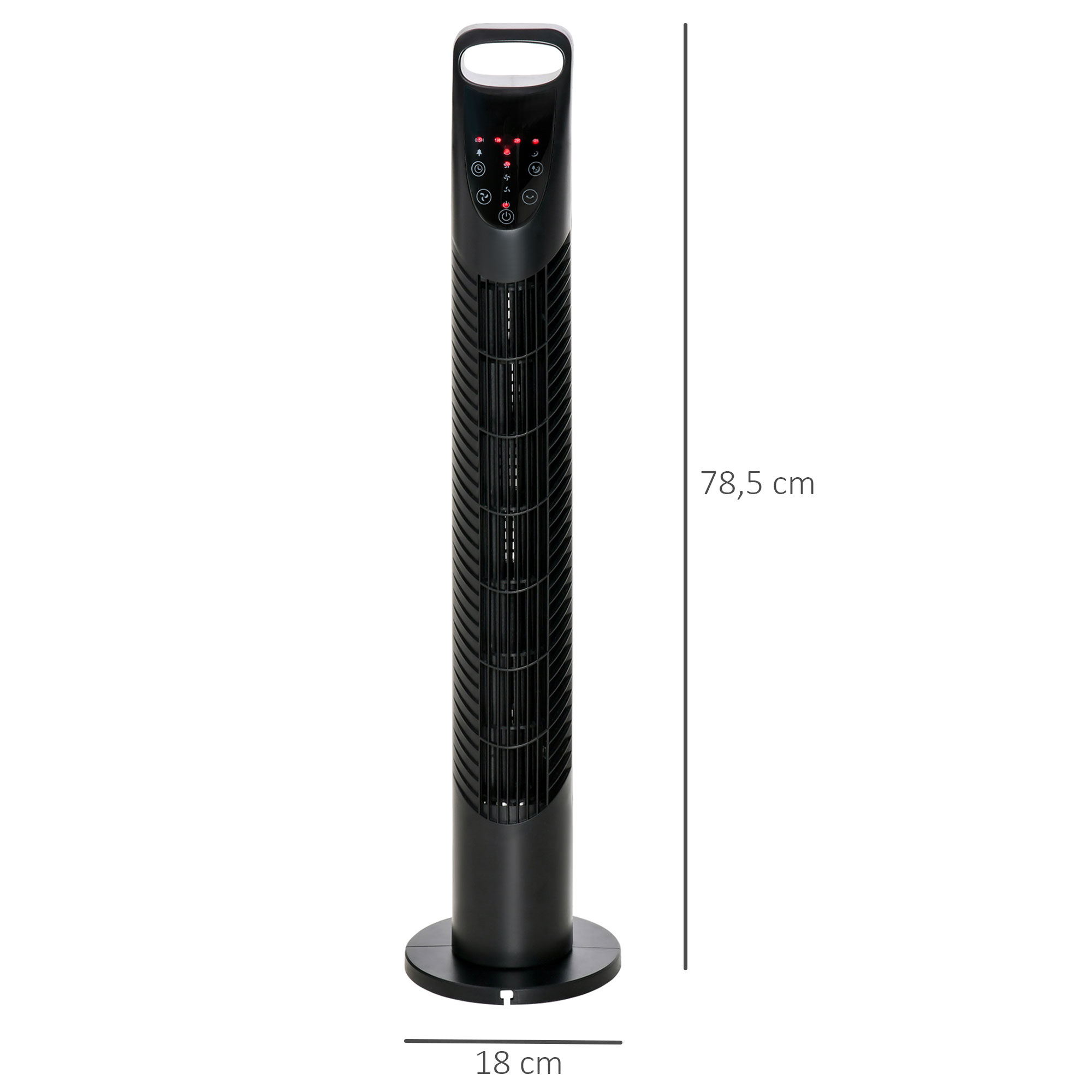 Ventilador de torre negro con base circular. Tiene una pantalla en la parte superior y mide 78,5 cm de altura.