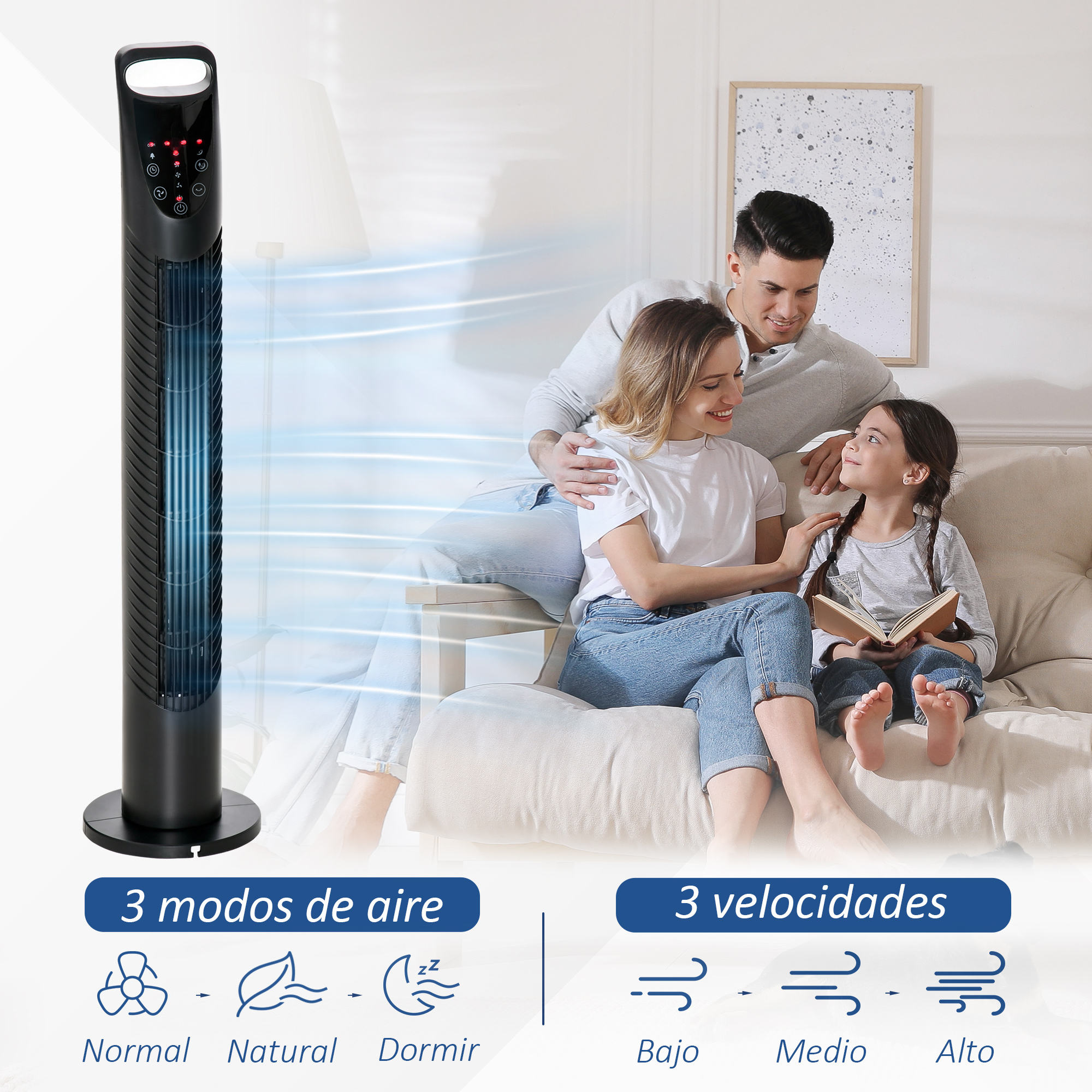 Un ventilador negro alto con panel de control y una familia sentada en un sofá al fondo.