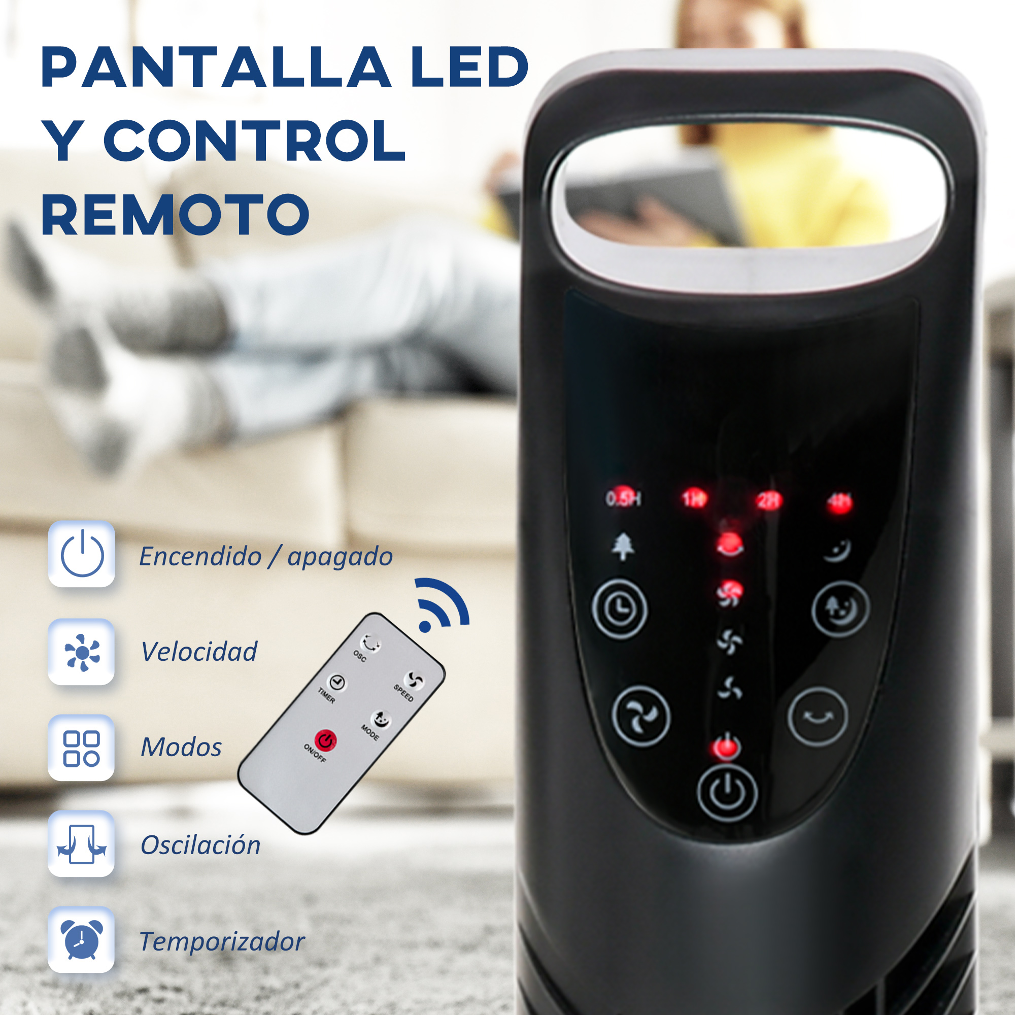 Ventilador de torre negro con pantalla LED y control remoto. Iconos y texto resaltan sus funciones.
