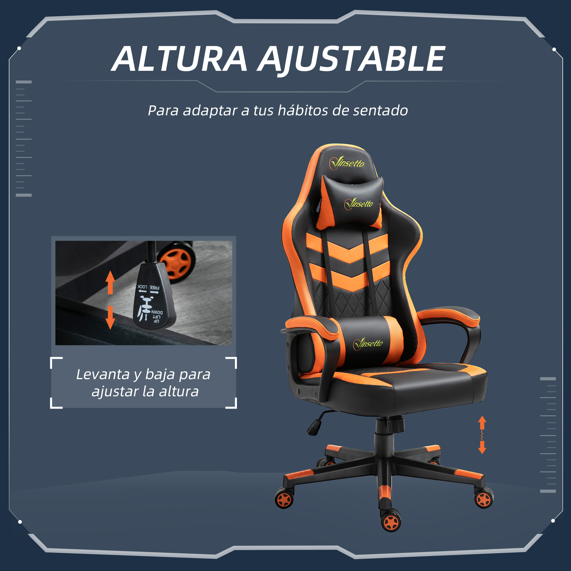 Silla gaming negra y naranja con función de altura ajustable.