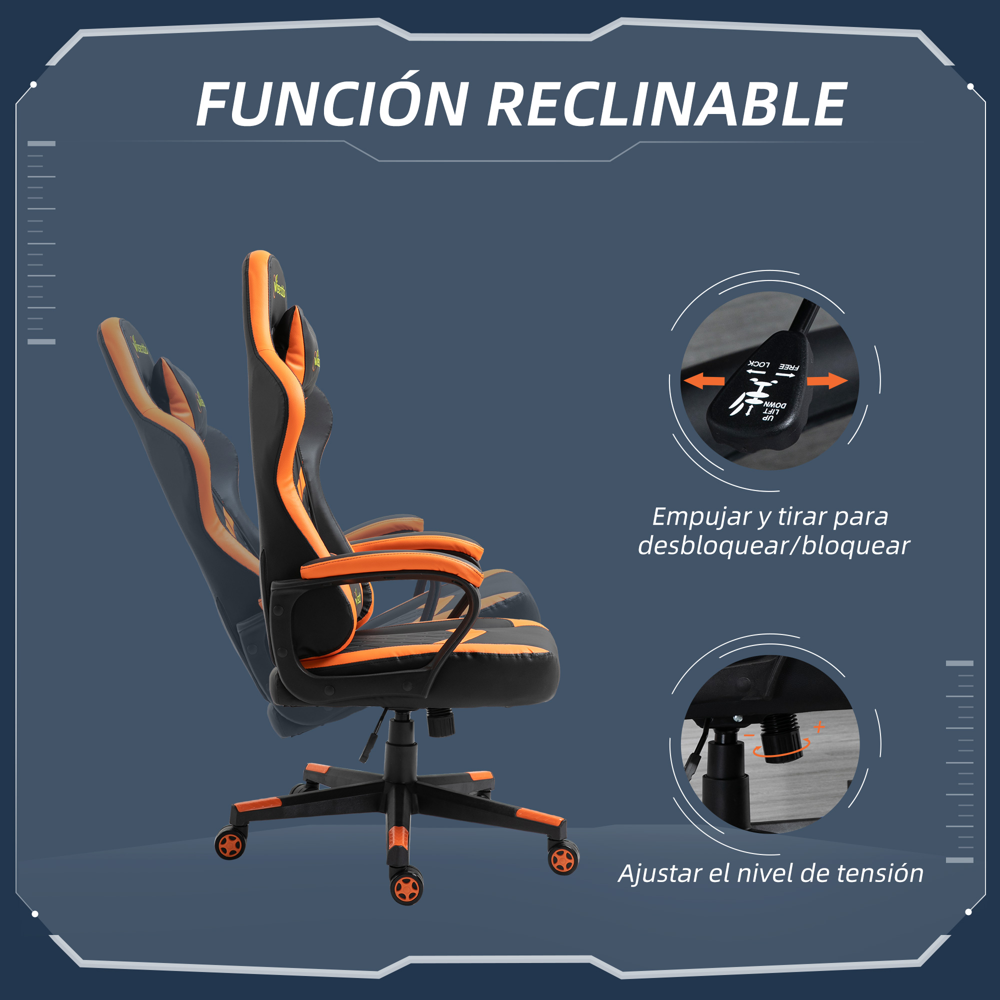 Silla gaming reclinable con detalles naranjas. Muestra ajuste de tensión y mecanismos de bloqueo.