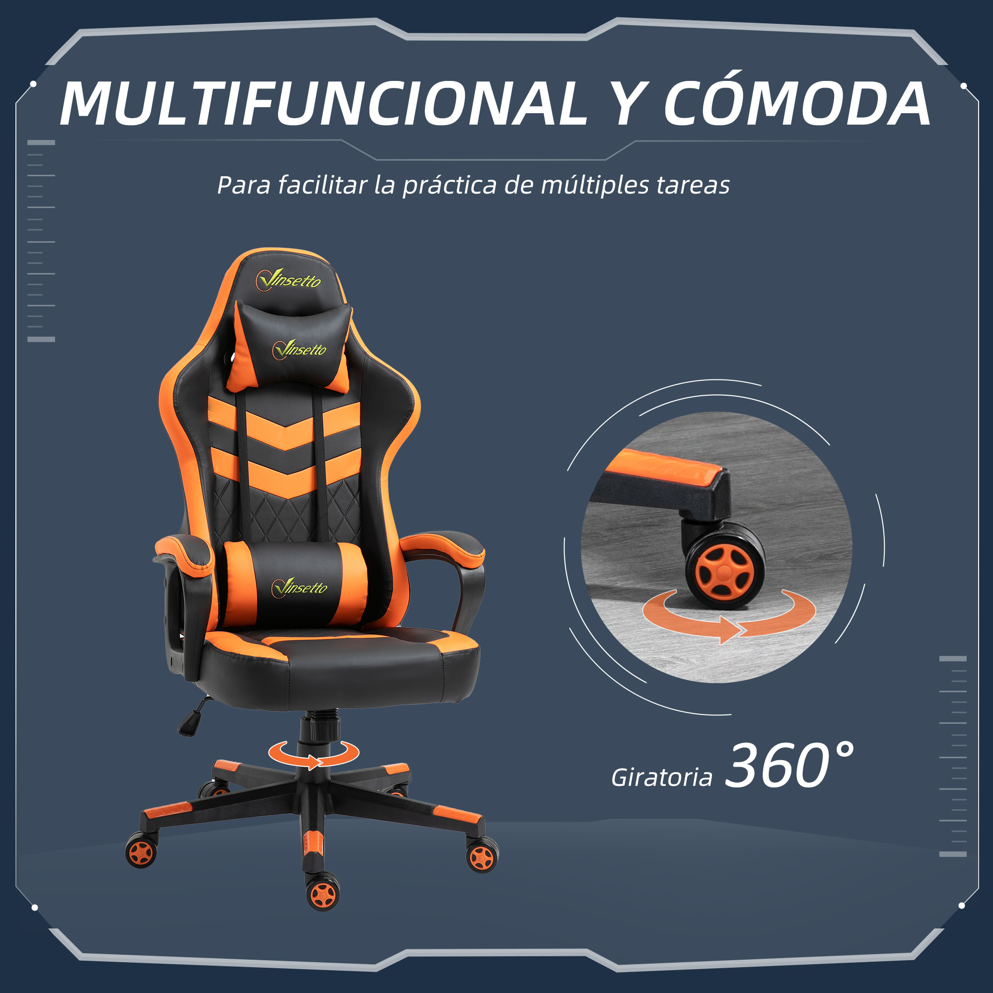 Una silla gaming naranja y negra con giro de 360 grados, con primer plano de una rueda.