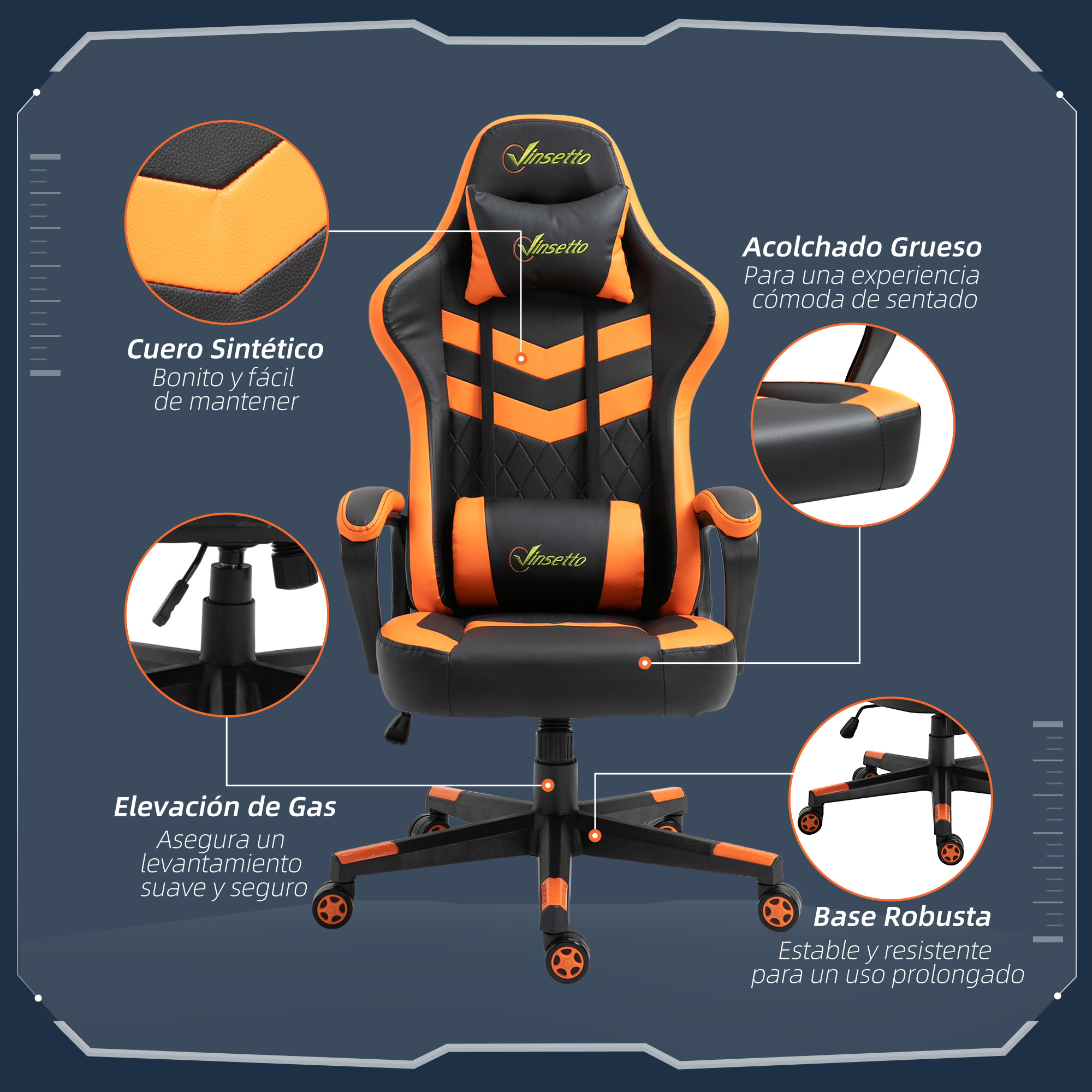 Silla gamer negra y naranja con texto explicativo y fondo blanco.