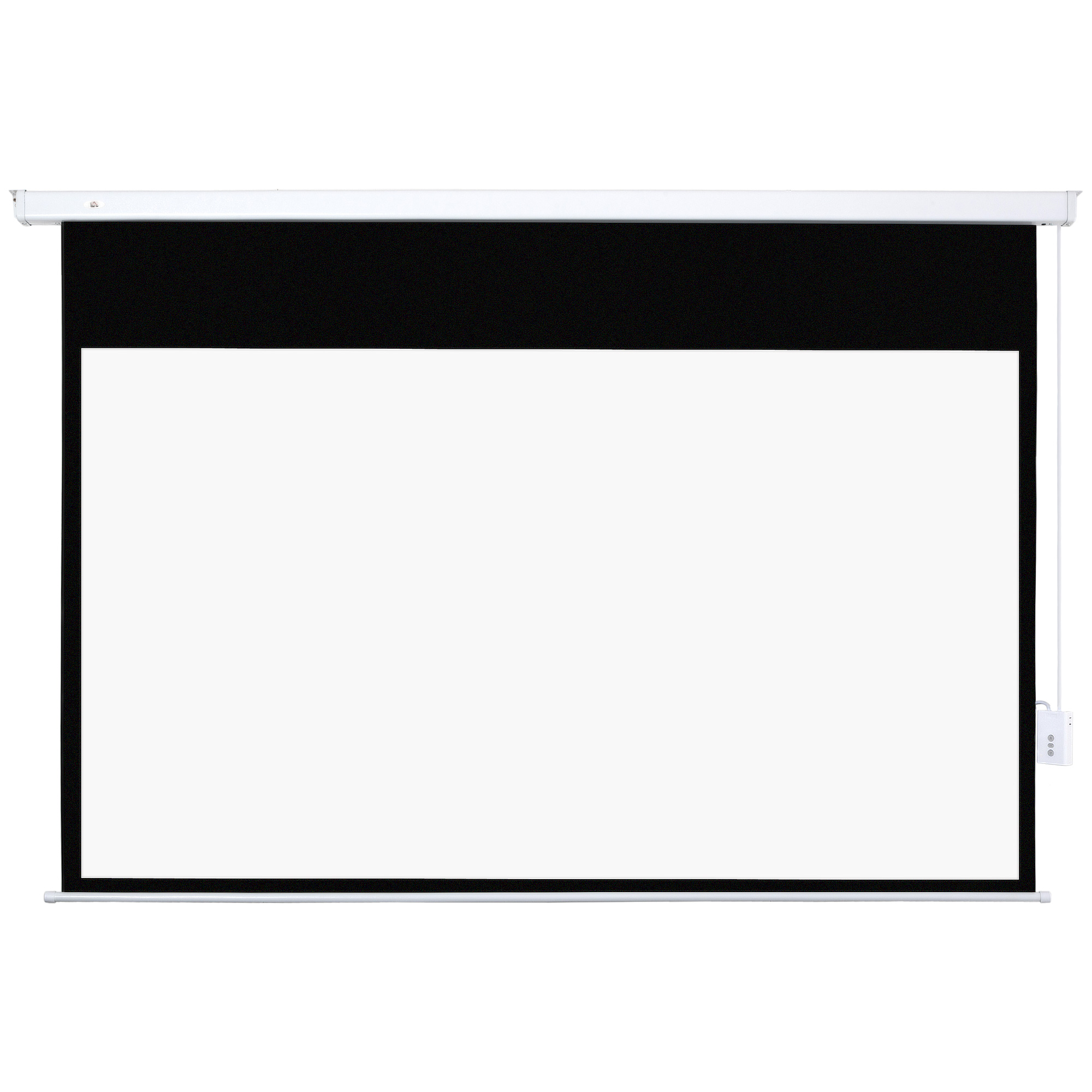 Schermo di proiezione bianco, con cornice nera e schermo bianco, arrotolato.
